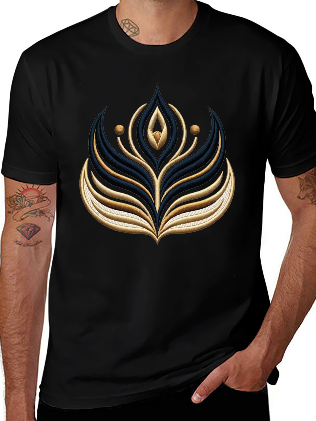 Black Graphic Tee with Embroidered Floral Design