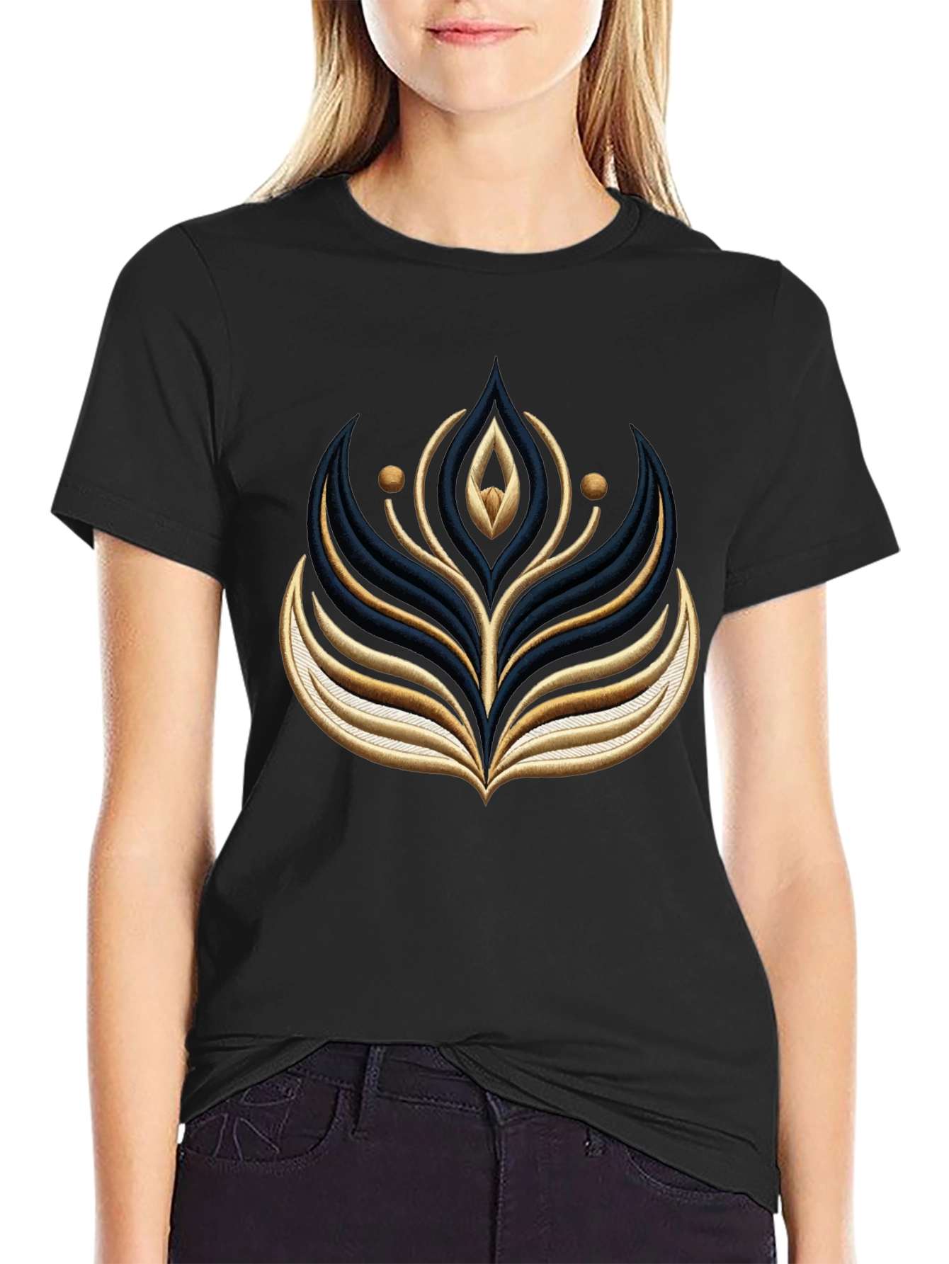 Black Graphic Tee with Embroidered Floral Design