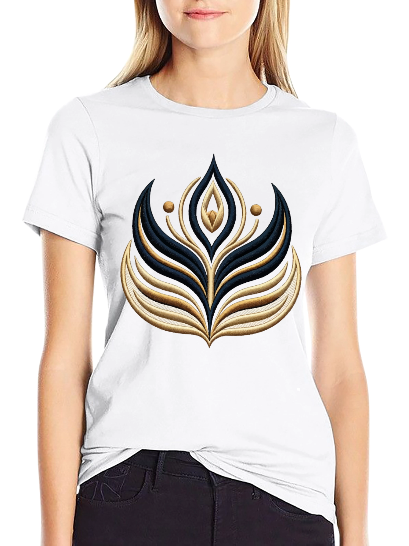 Black Graphic Tee with Embroidered Floral Design