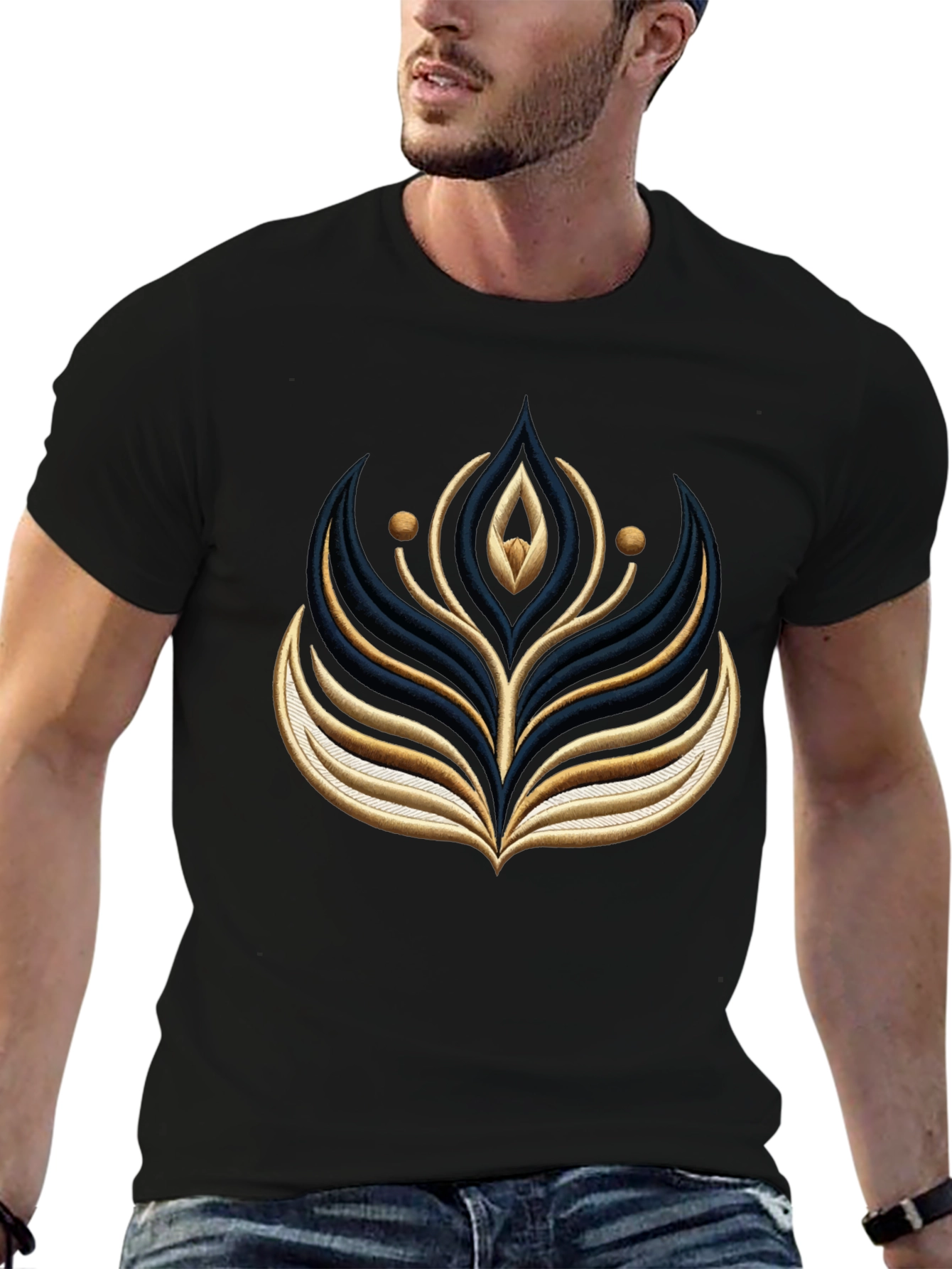 Black Graphic Tee with Embroidered Floral Design