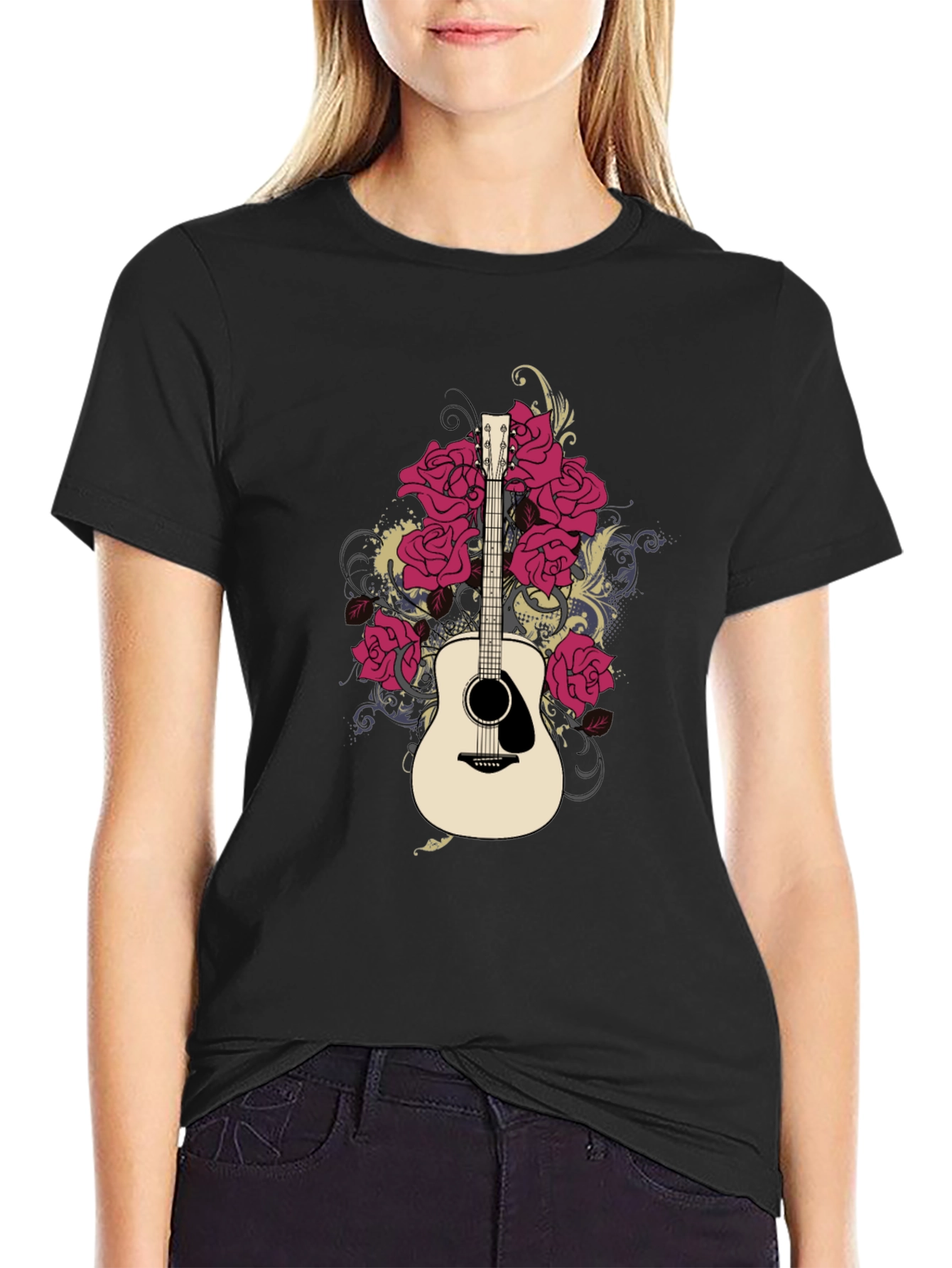 Guitar & Roses Graphic Black T-Shirt