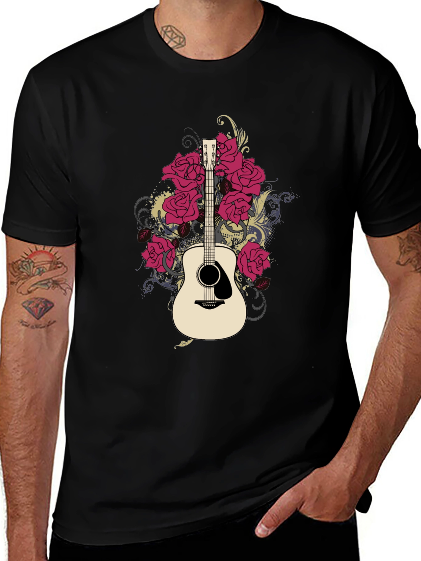 Guitar & Roses Graphic Black T-Shirt