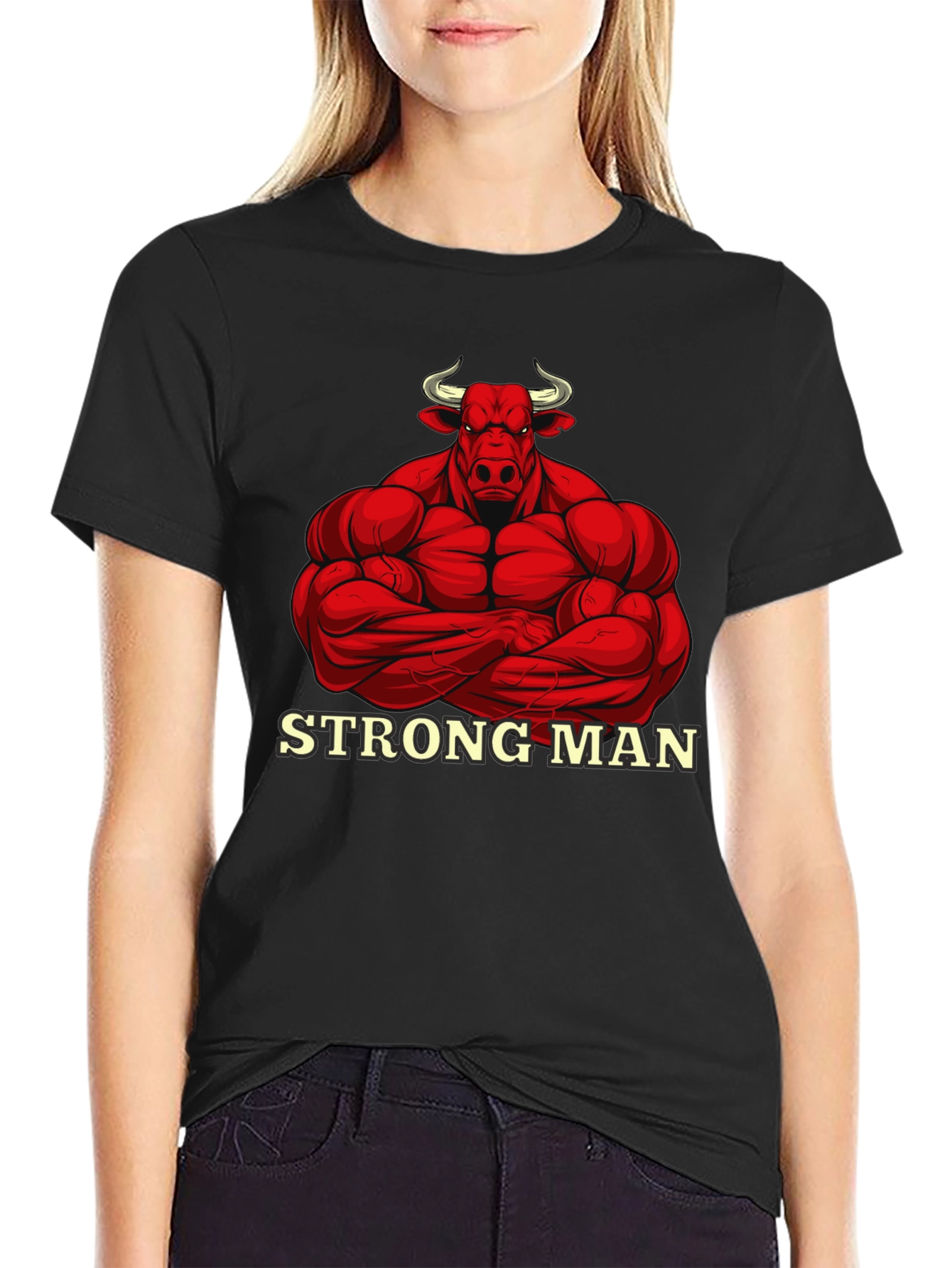 Strong Man Bull Graphic Black T-Shirt