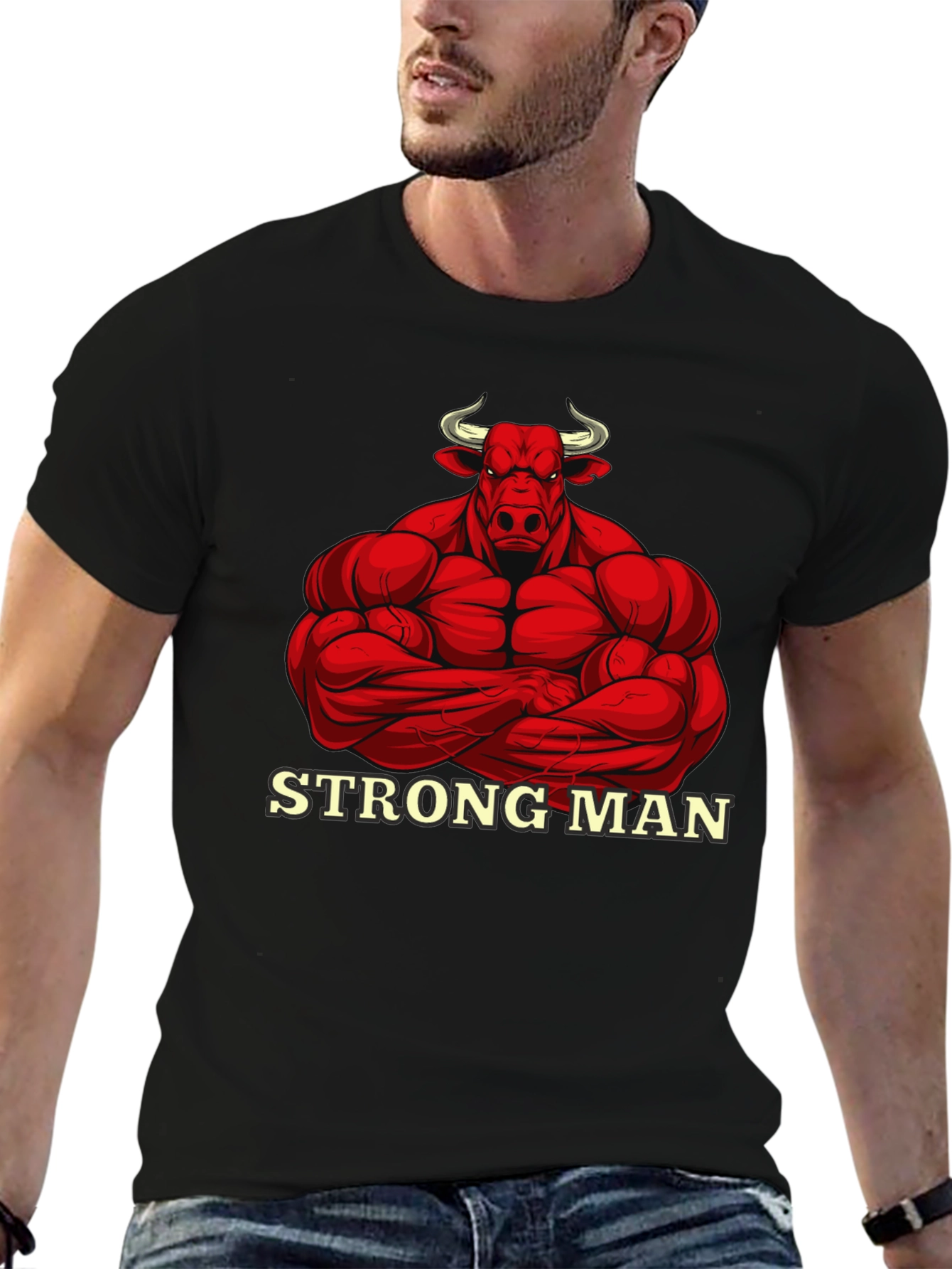 Strong Man Bull Graphic Black T-Shirt