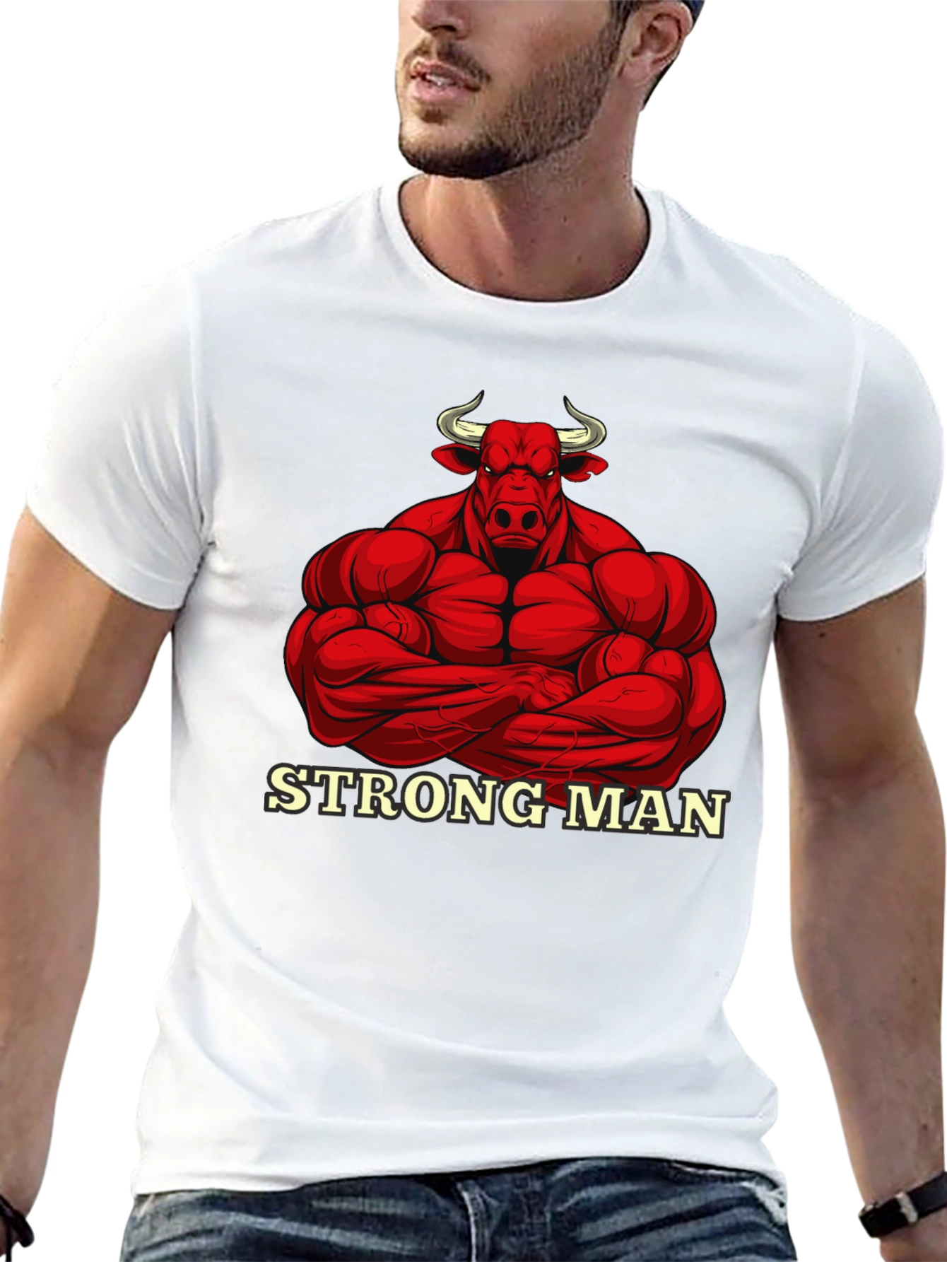 Strong Man Bull Graphic Black T-Shirt