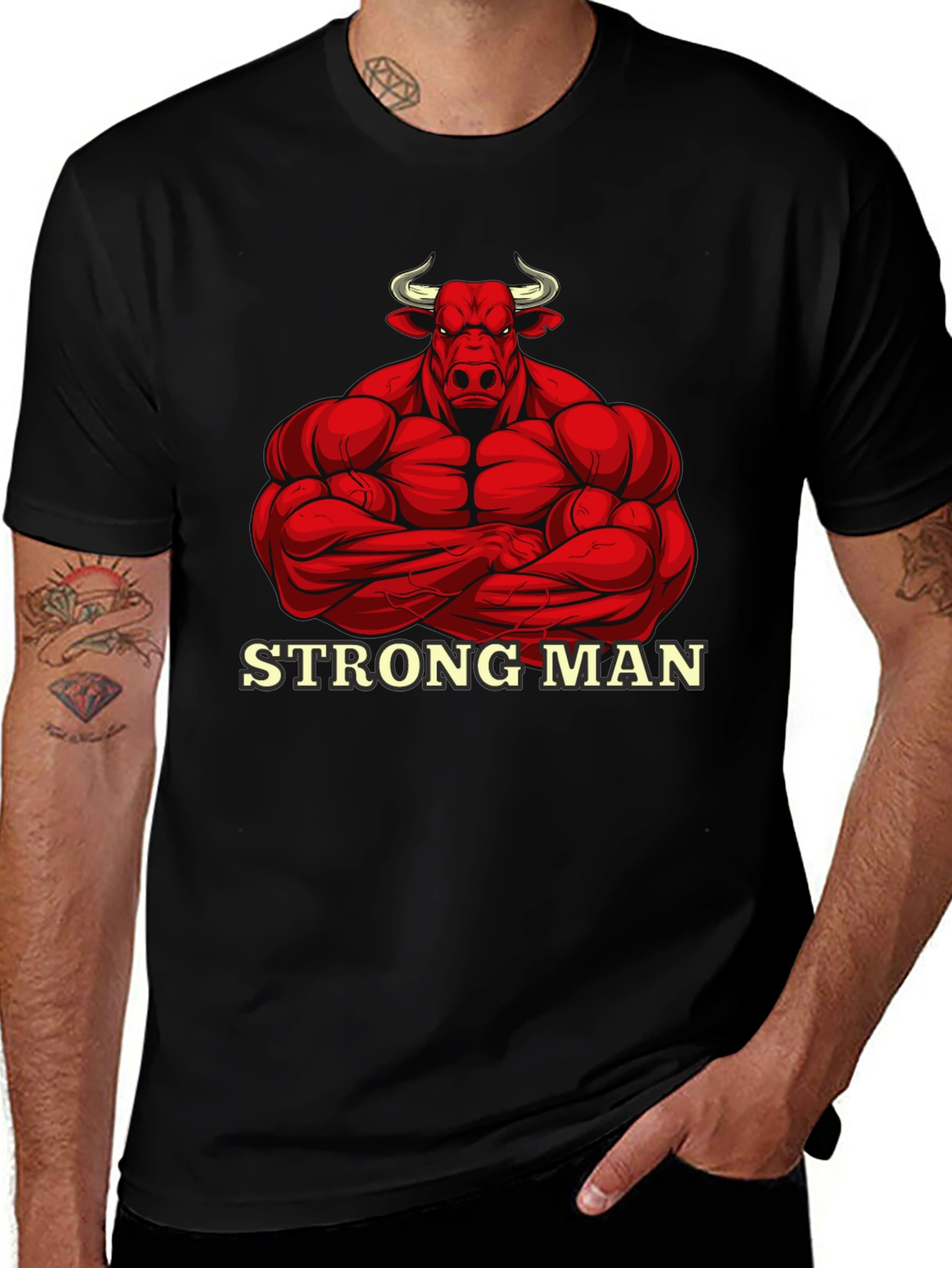 Strong Man Bull Graphic Black T-Shirt