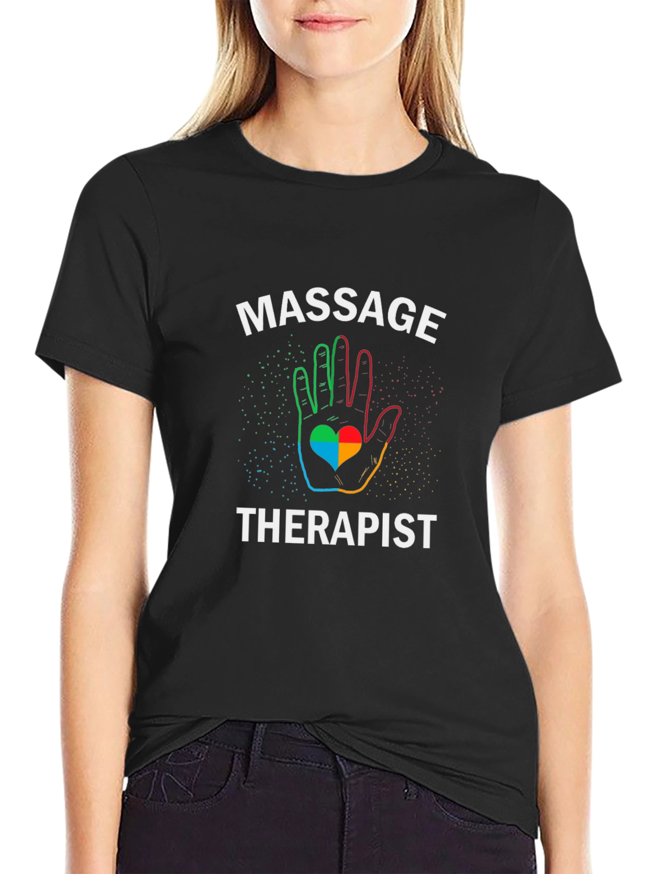 Massage Therapist T-Shirt Rainbow Hand Heart