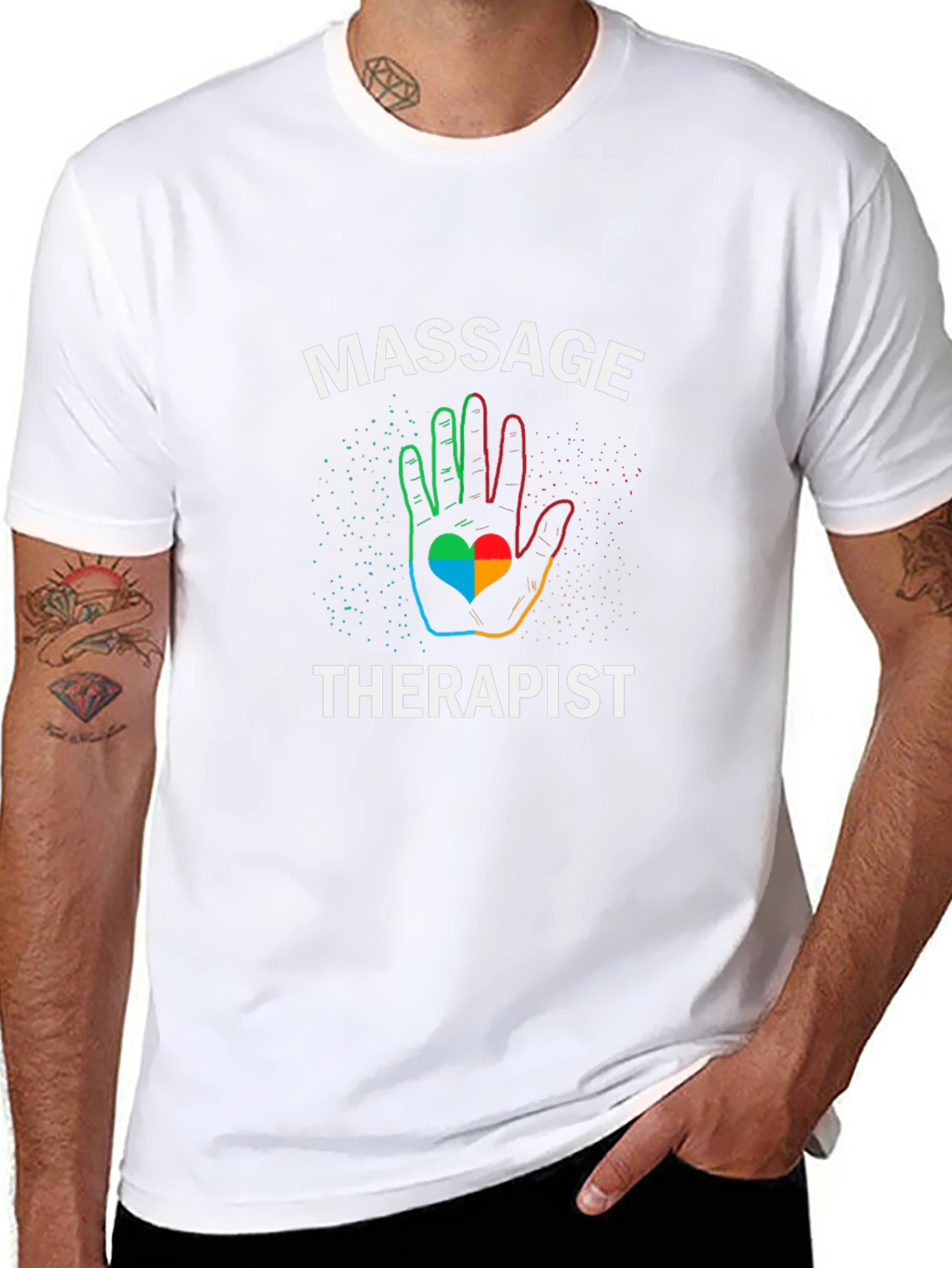 Massage Therapist T-Shirt Rainbow Hand Heart