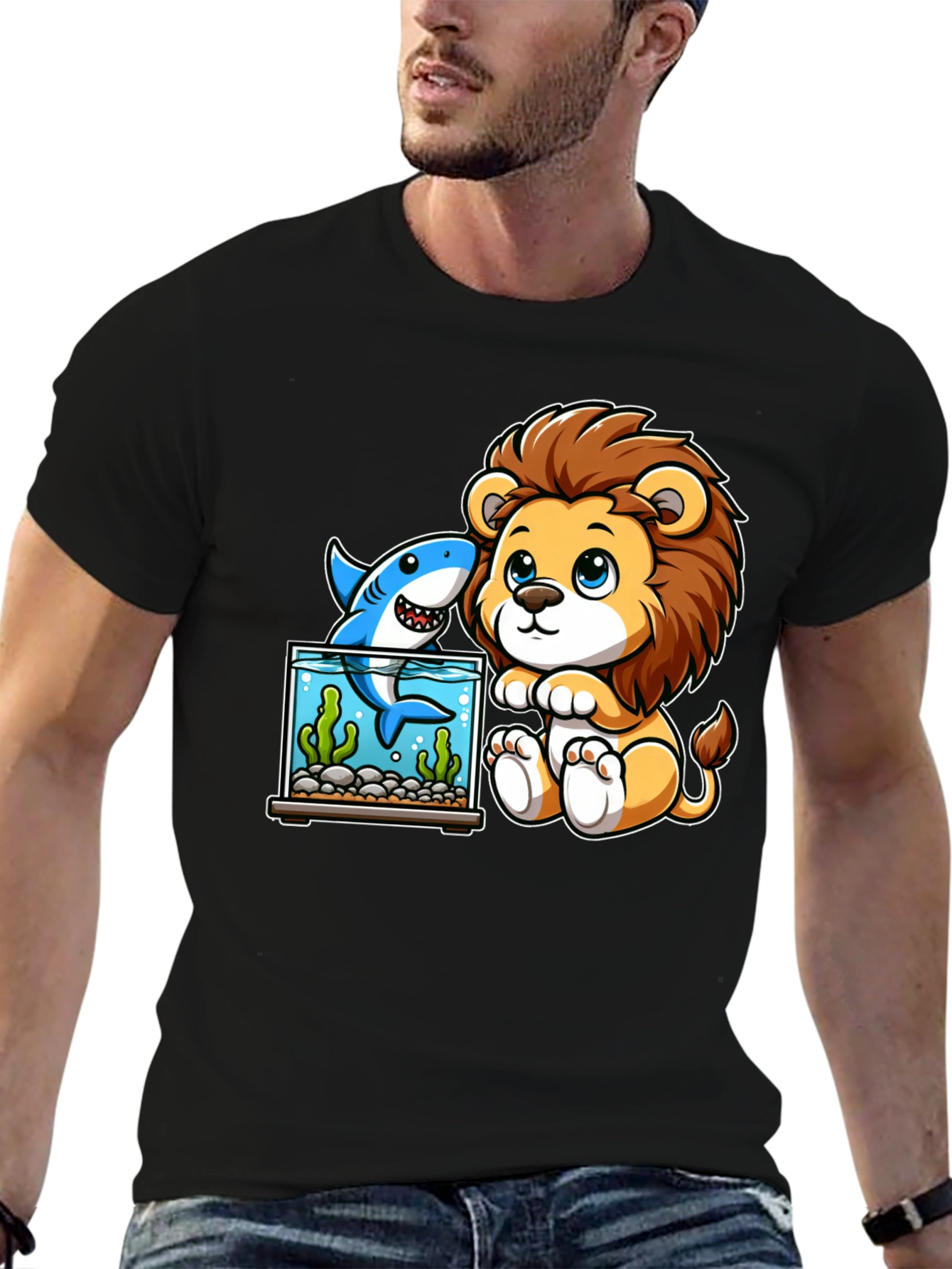 Cute Cartoon Lion & Shark Graphic Tee