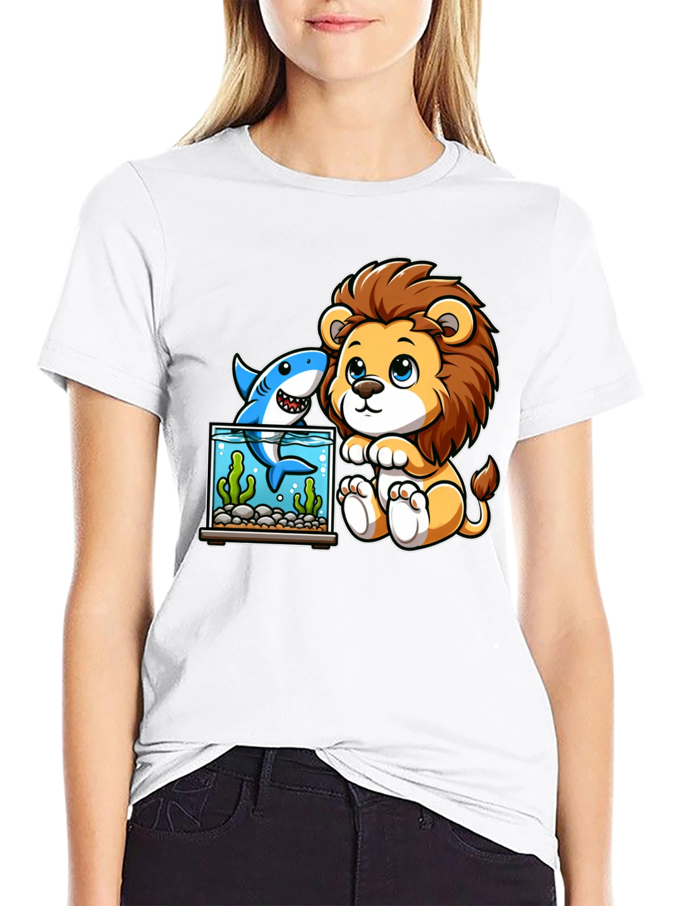 Cute Cartoon Lion & Shark Graphic Tee