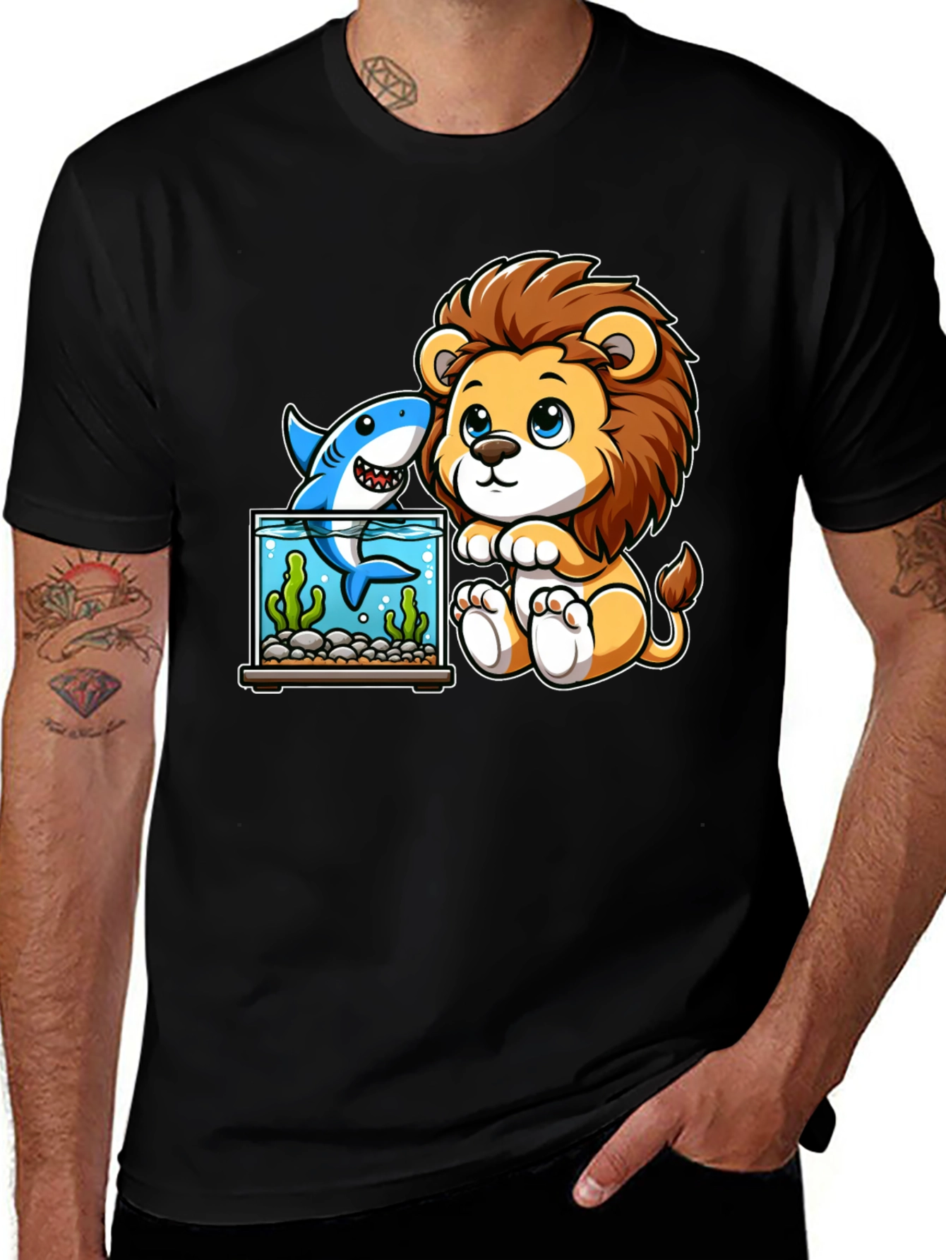 Cute Cartoon Lion & Shark Graphic Tee