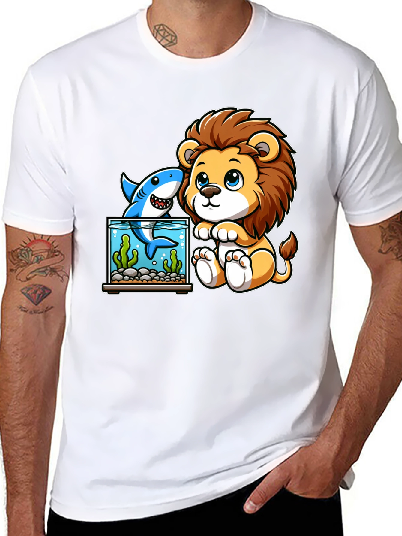 Cute Cartoon Lion & Shark Graphic Tee