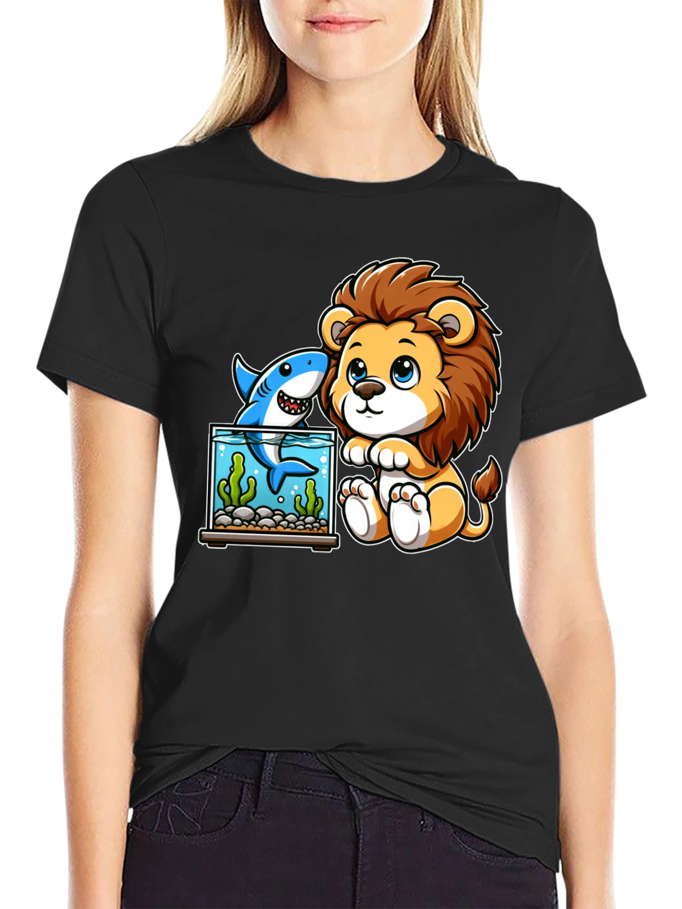Cute Cartoon Lion & Shark Graphic Tee
