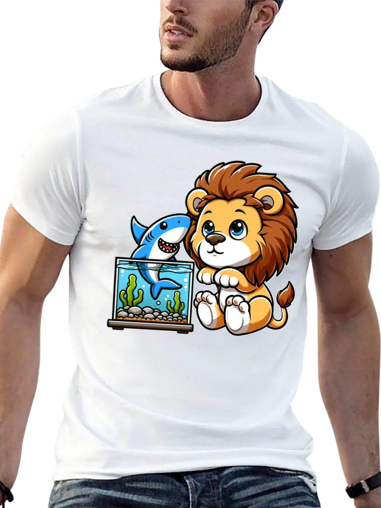 Cute Cartoon Lion & Shark Graphic Tee