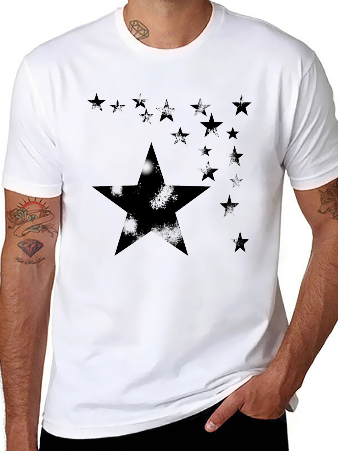 Starry Night Black Tee - Distressed Star Design