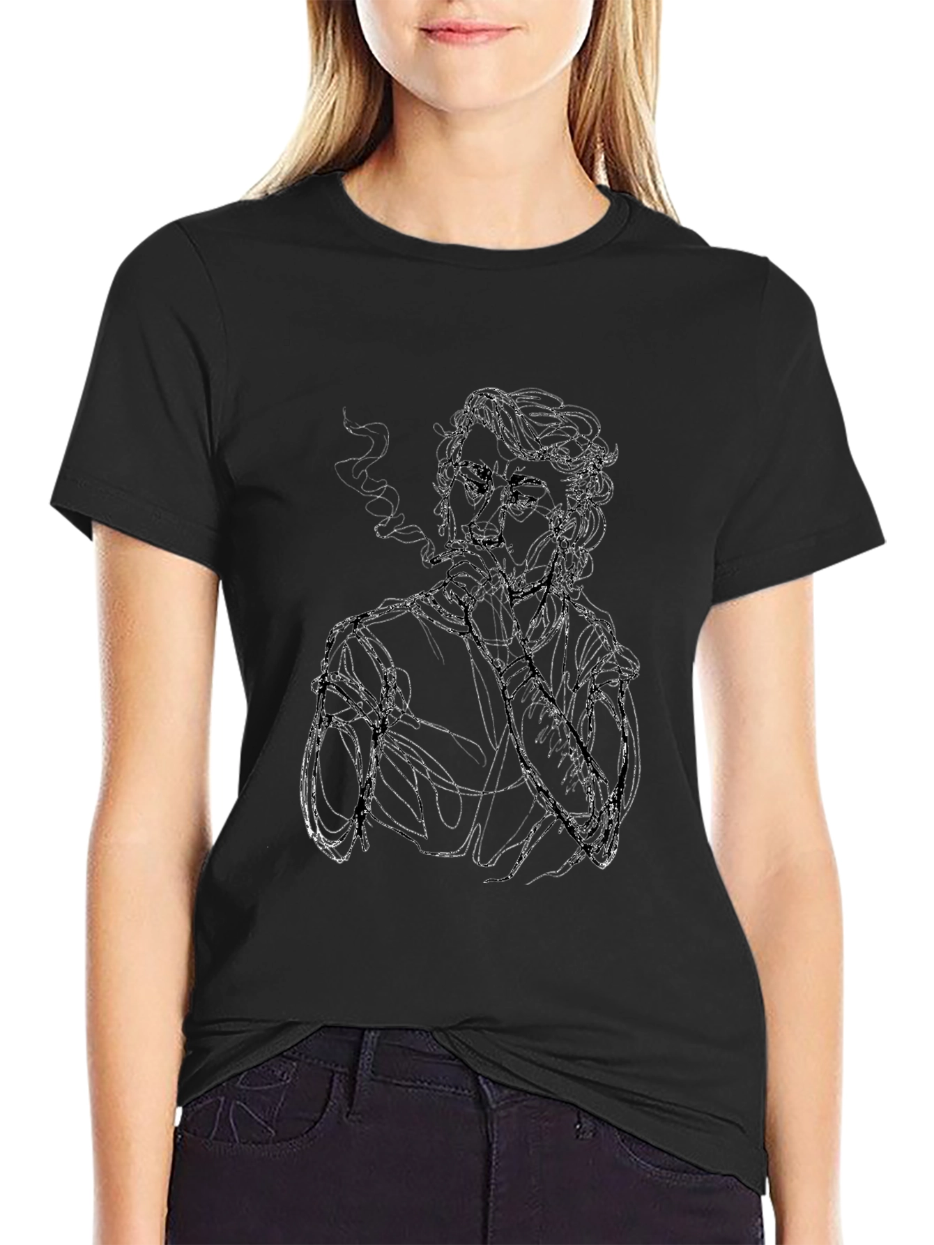 Smoking Sketch Graphic Tee - Black Cotton