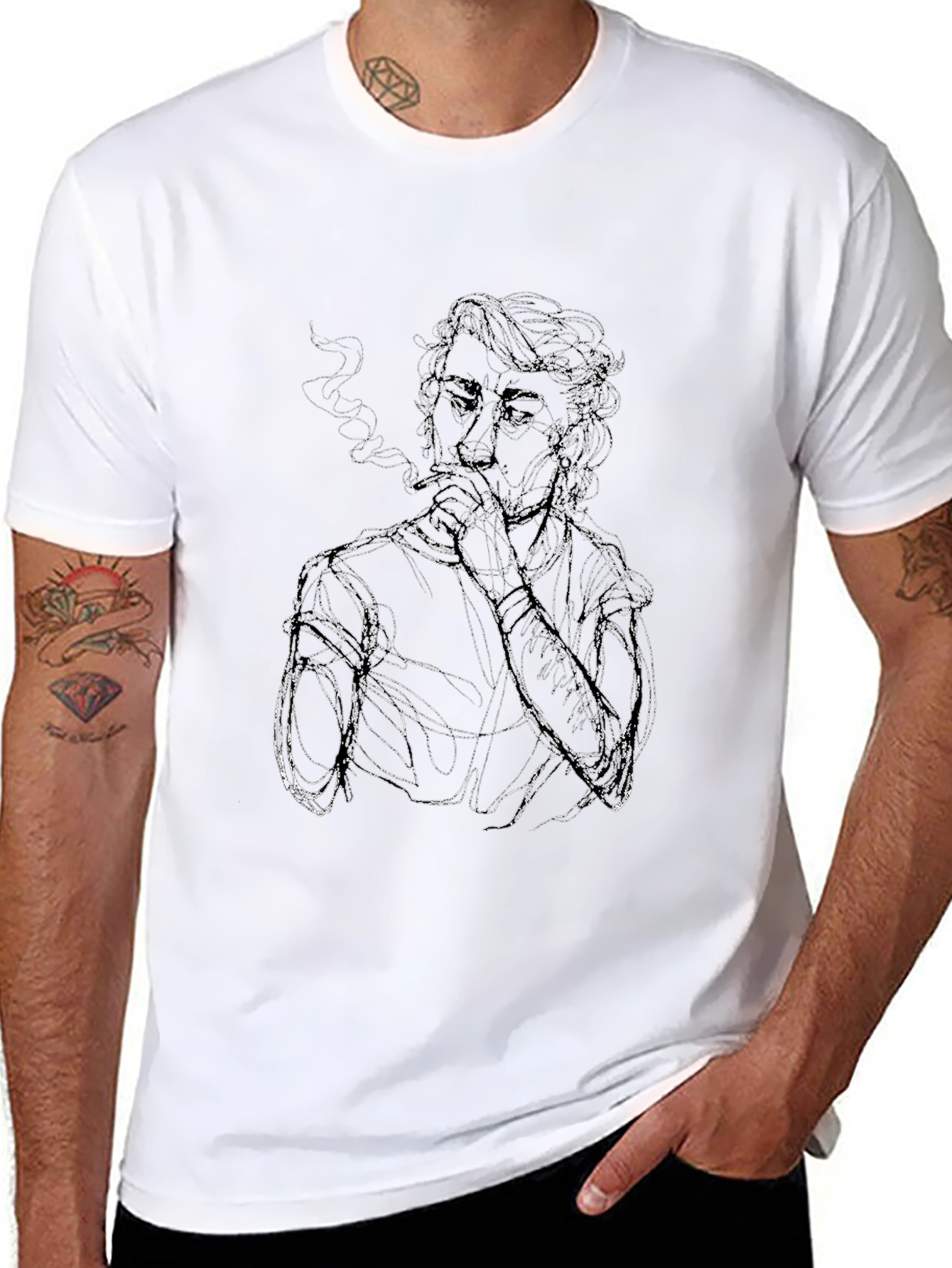 Smoking Sketch Graphic Tee - Black Cotton