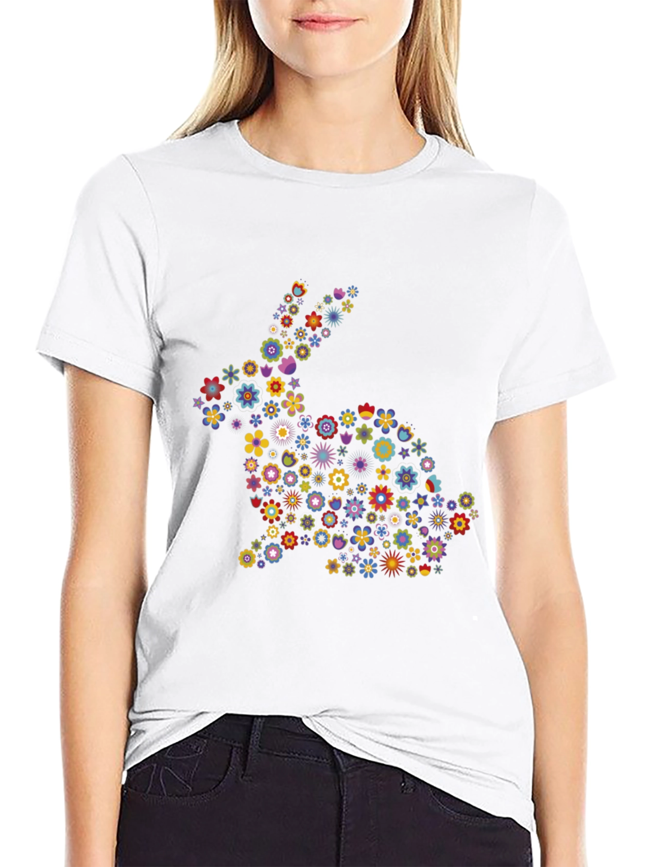 Floral Bunny Graphic Black T-Shirt