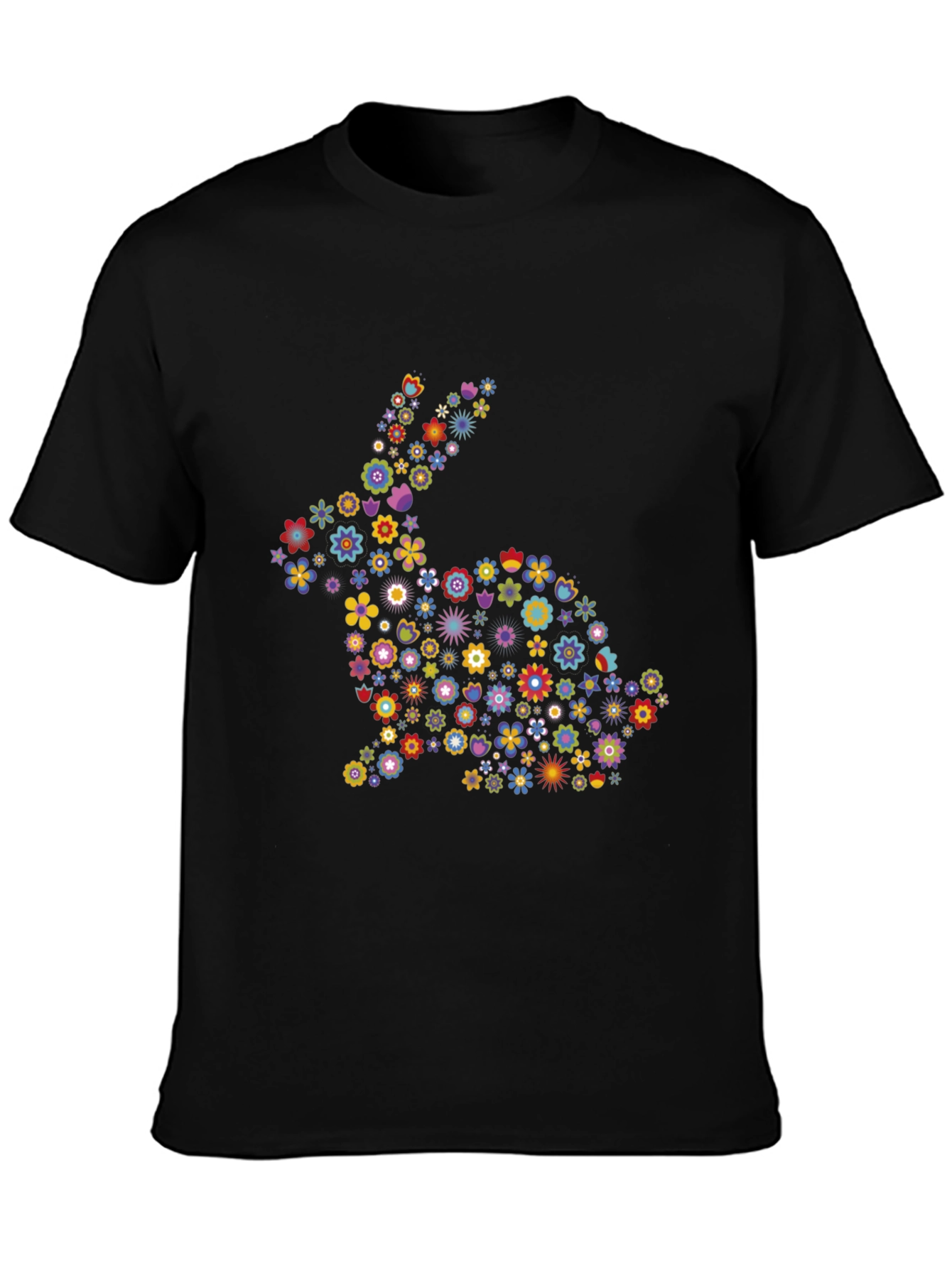 Floral Bunny Graphic Black T-Shirt