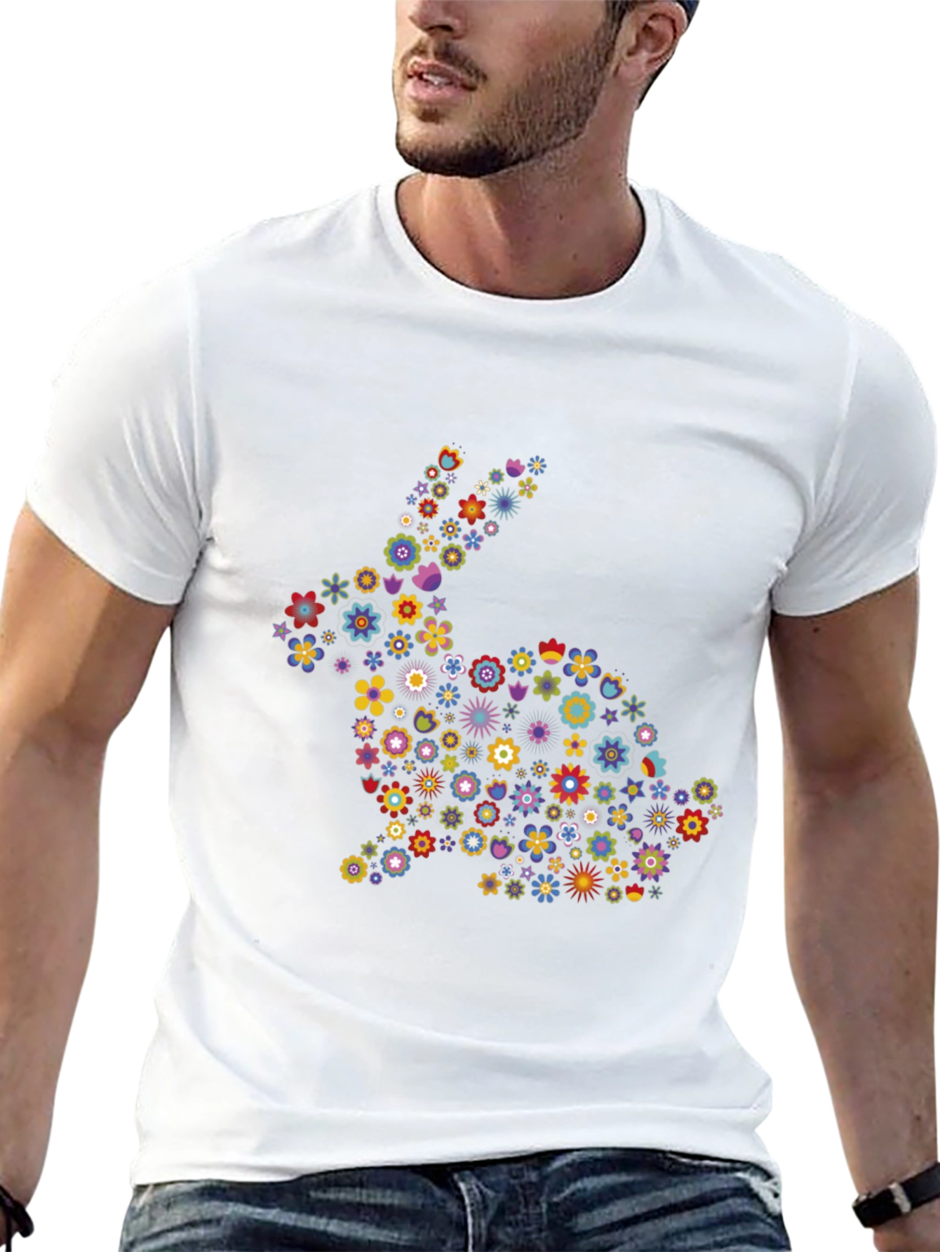 Floral Bunny Graphic Black T-Shirt