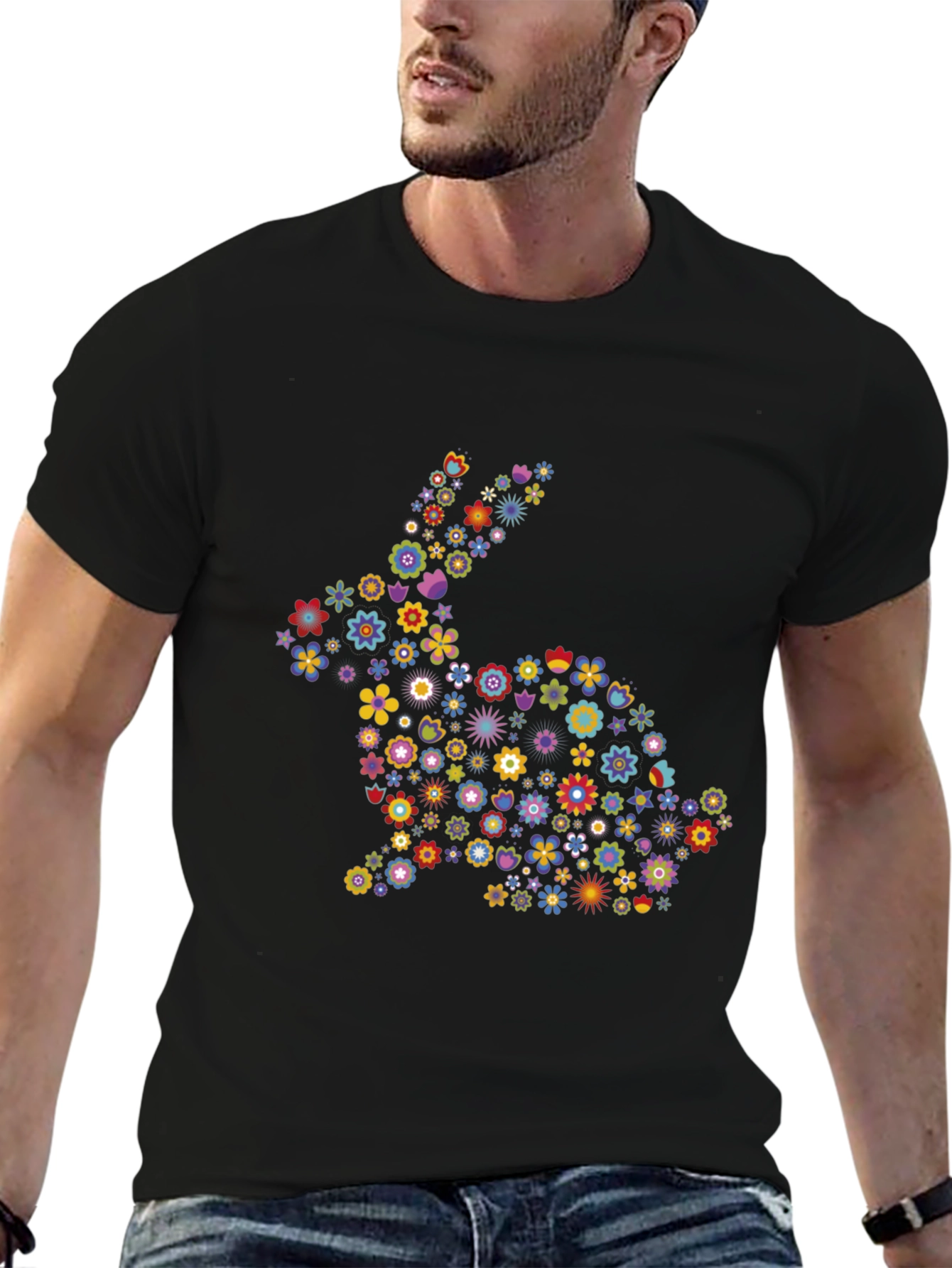 Floral Bunny Graphic Black T-Shirt