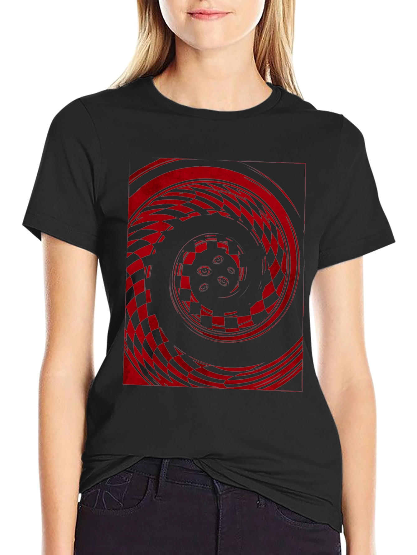 Red Vortex Graphic Print Black Tee