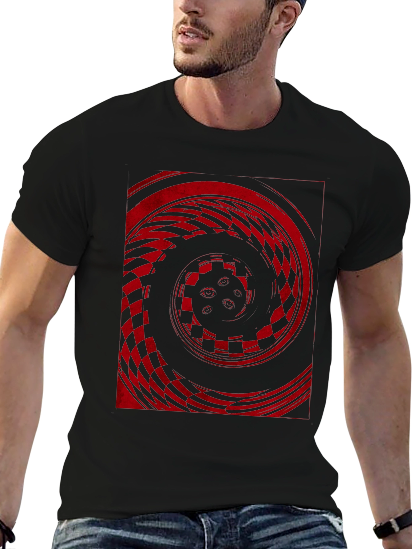 Red Vortex Graphic Print Black Tee