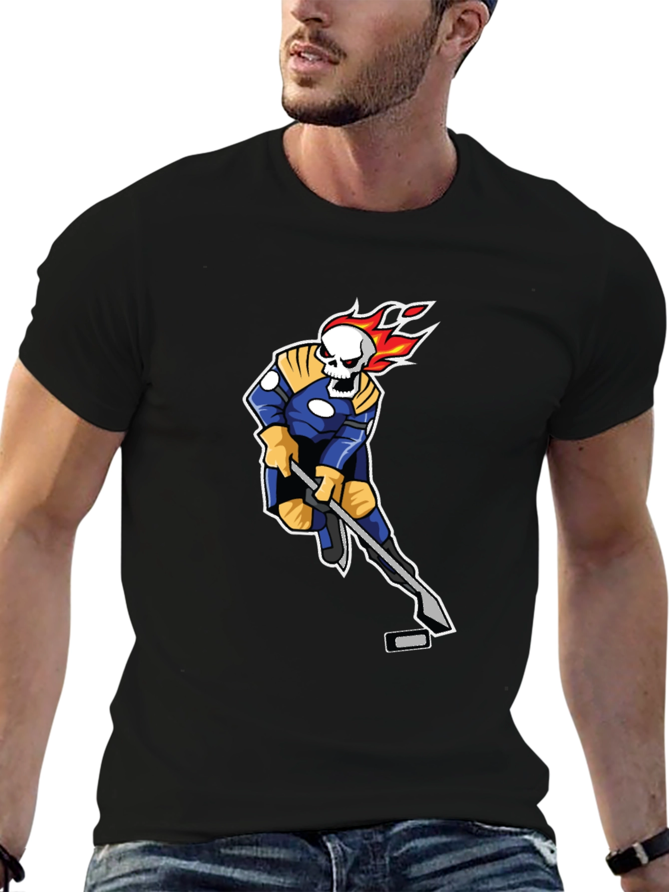 Fiery Hockey Skeleton Black T-Shirt