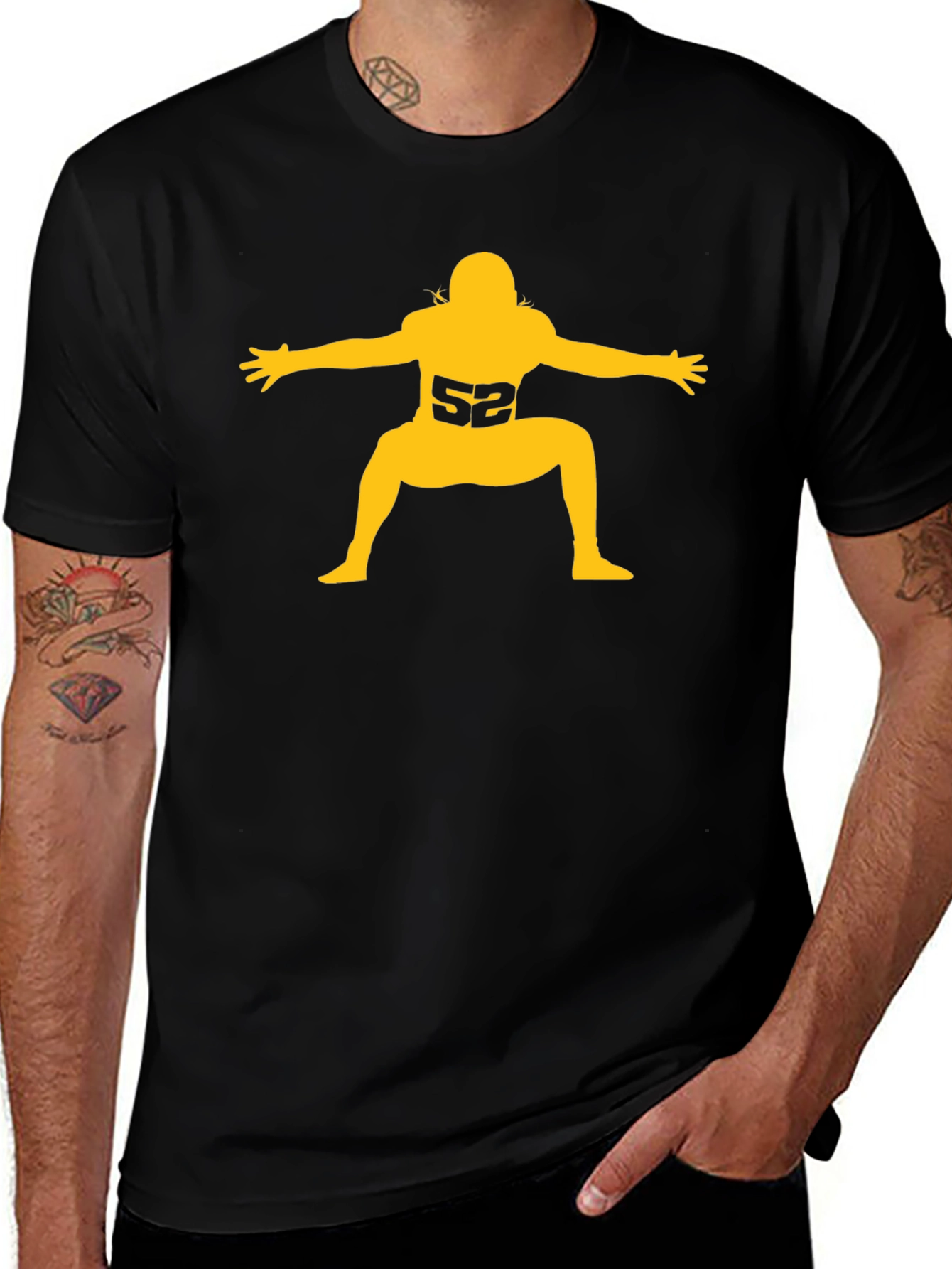 Football Player #52 Graphic Tee - Black Cotton T-Shirt