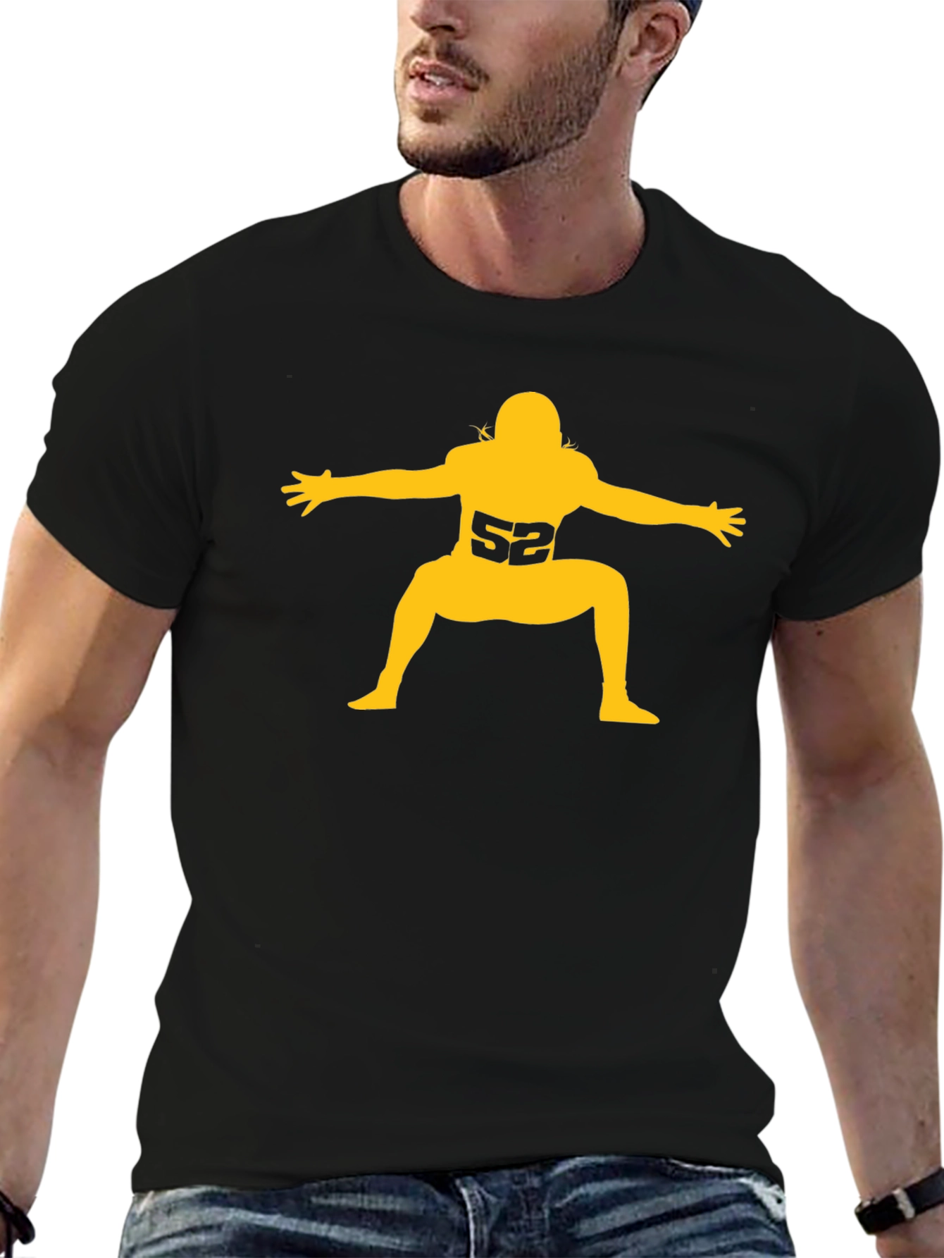 Football Player #52 Graphic Tee - Black Cotton T-Shirt