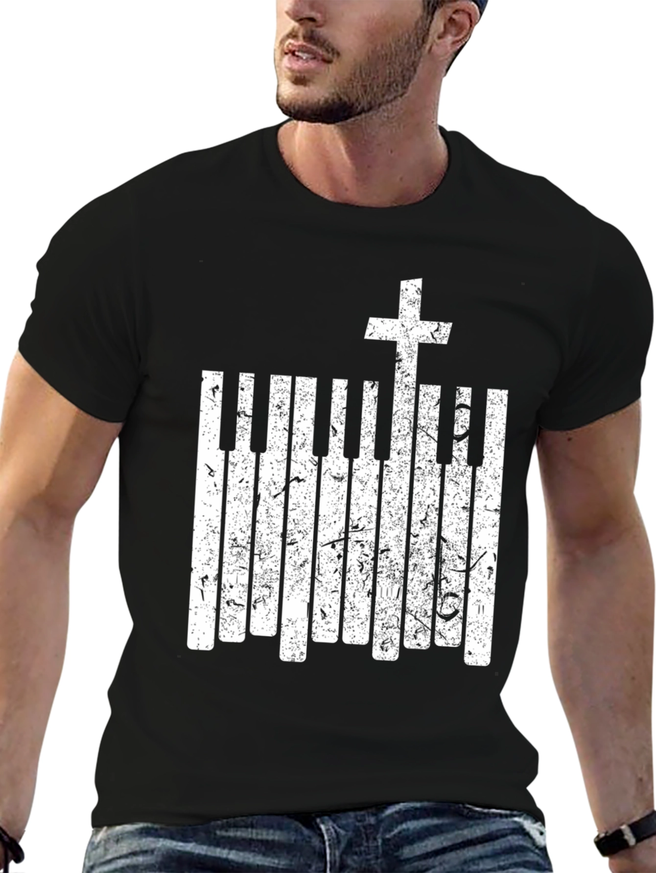Piano Keys Cross Graphic Black T-Shirt