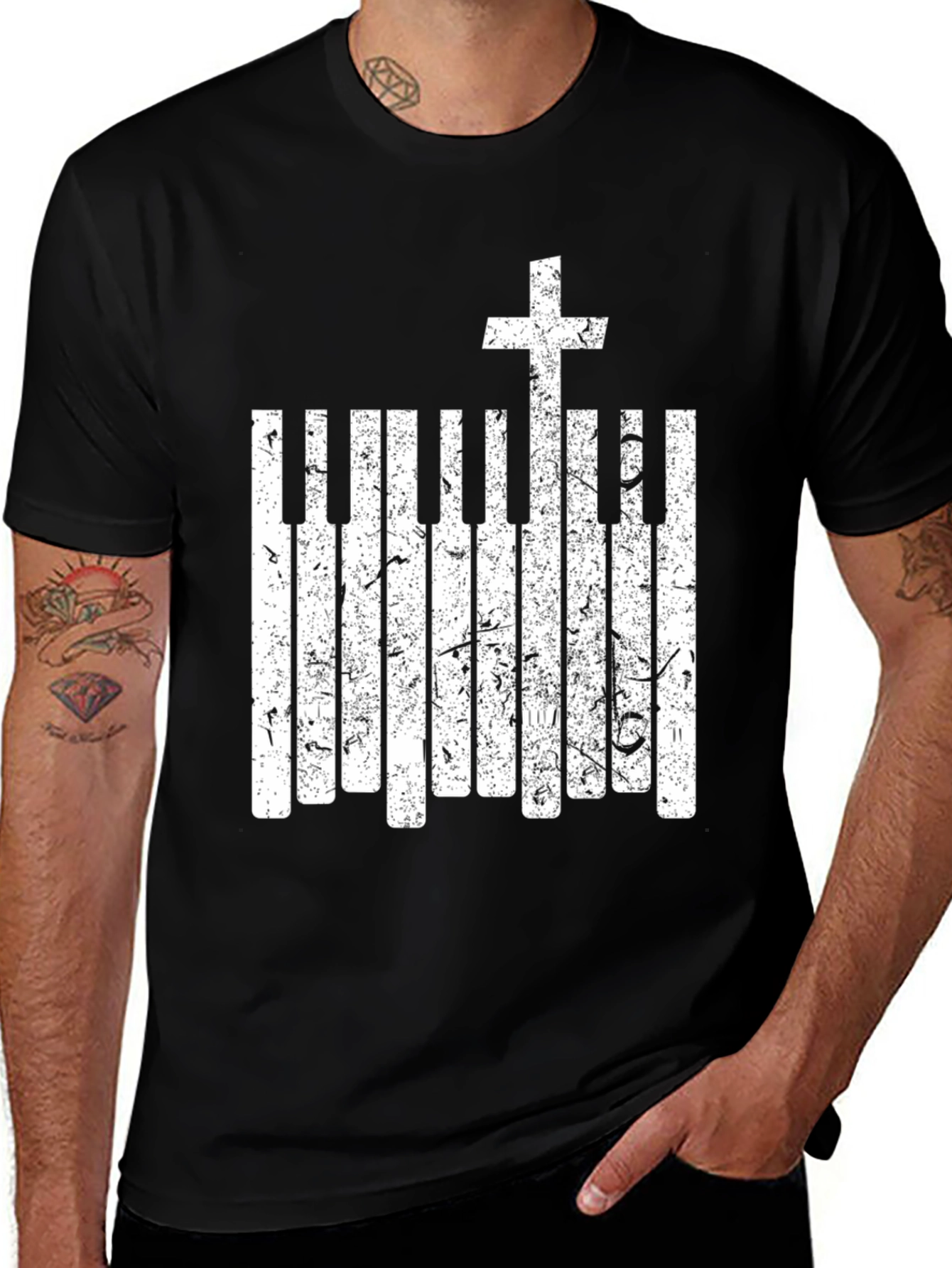 Piano Keys Cross Graphic Black T-Shirt
