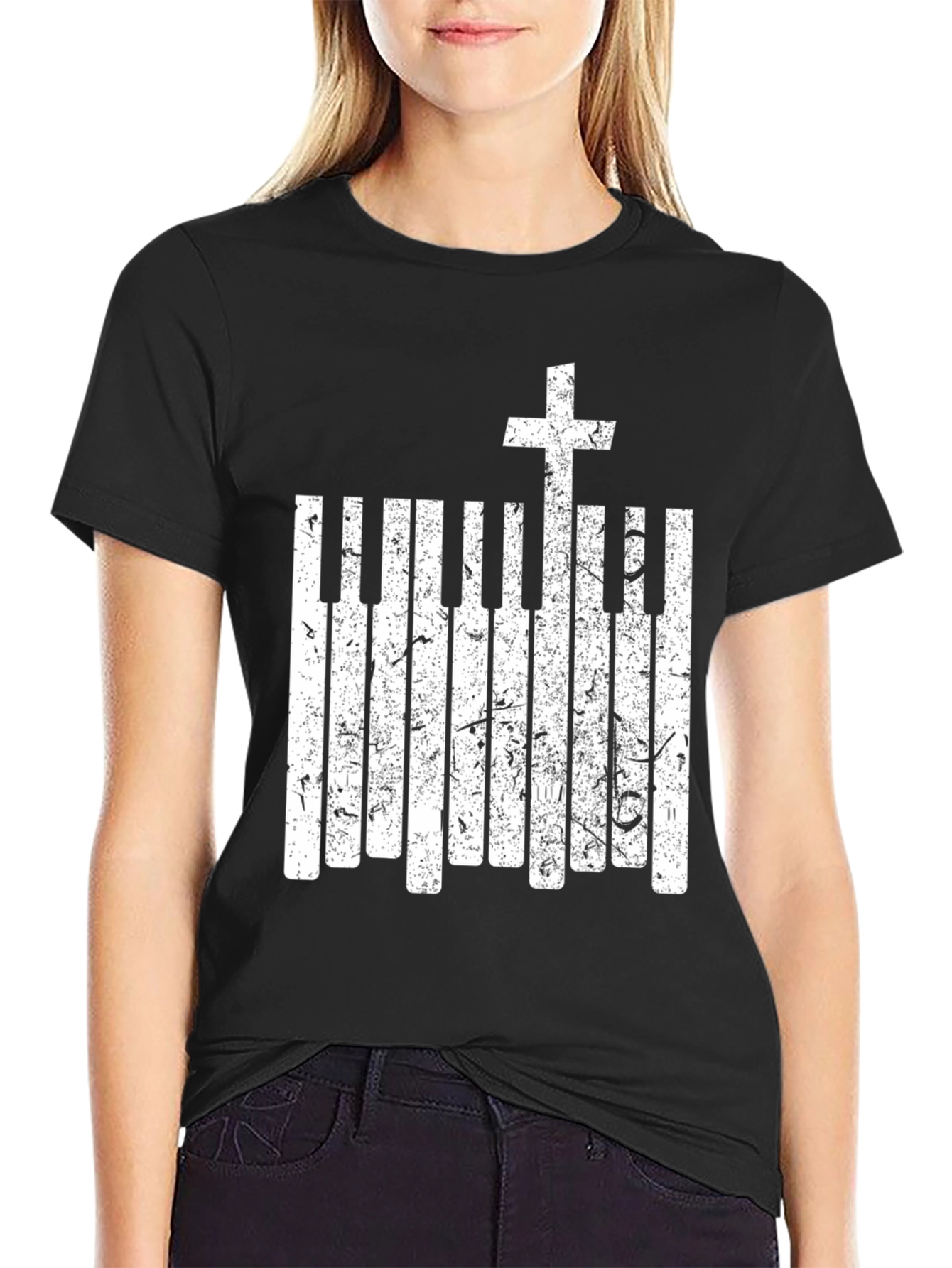 Piano Keys Cross Graphic Black T-Shirt