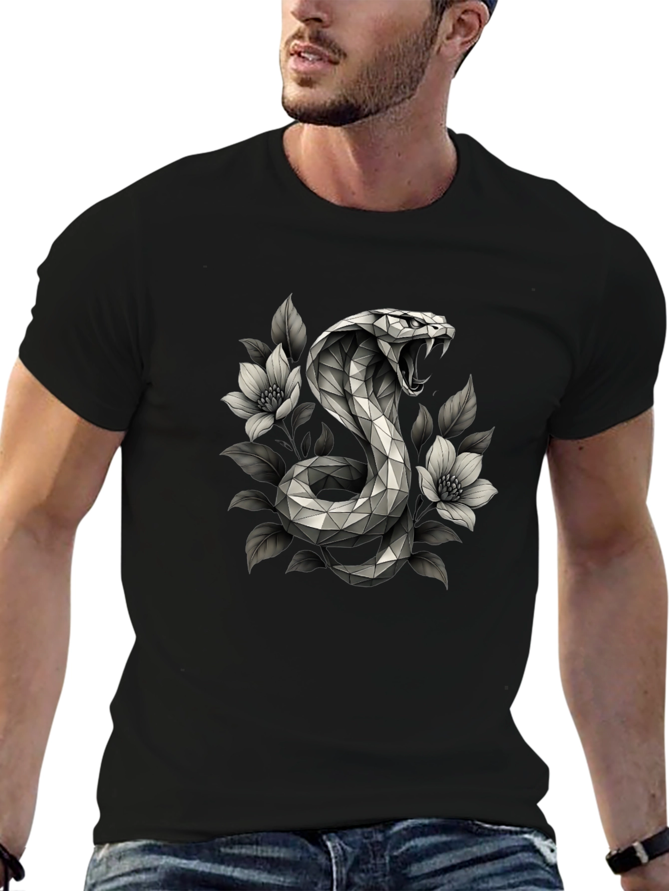 Geometric Cobra & Floral Graphic Tee - Black