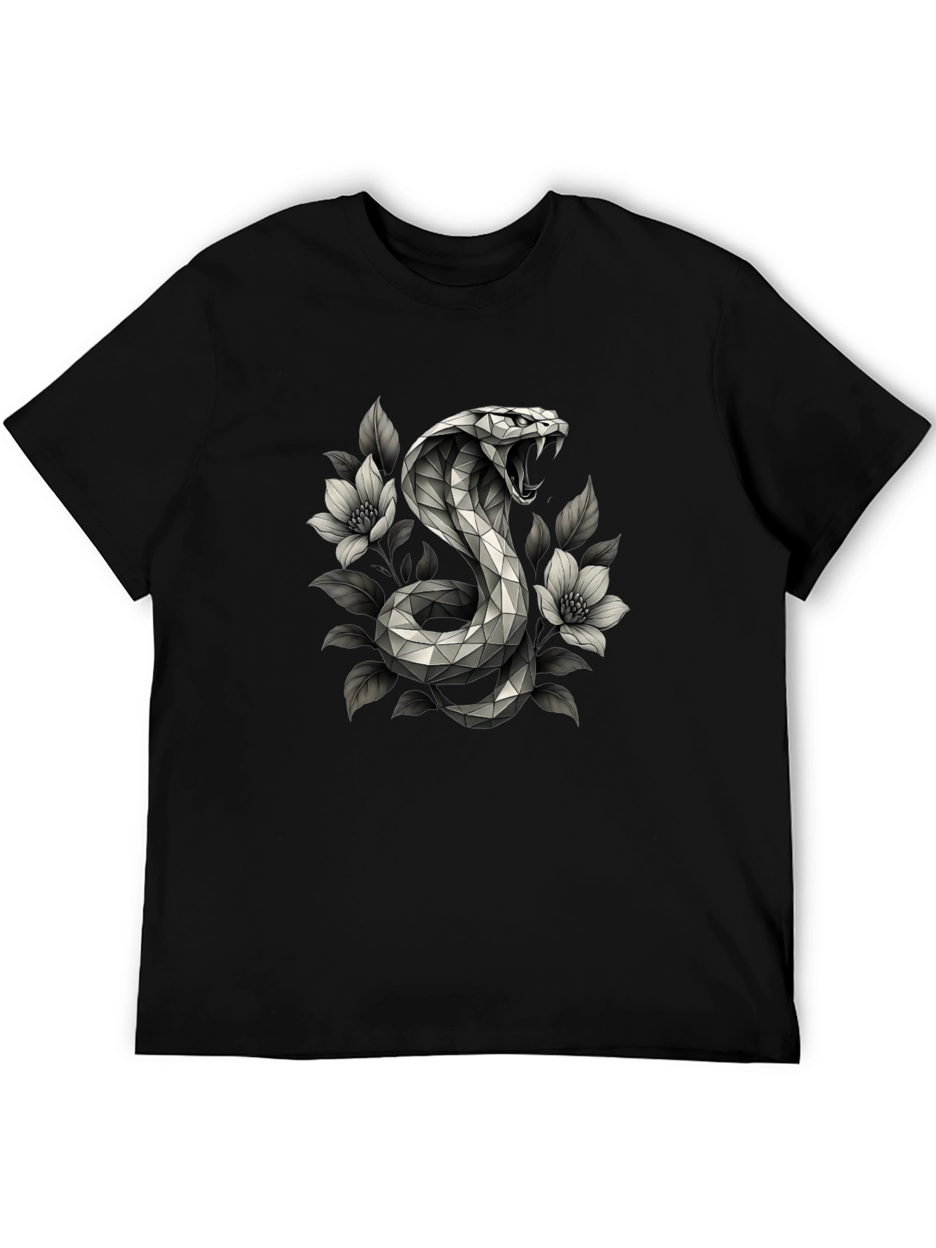 Geometric Cobra & Floral Graphic Tee - Black