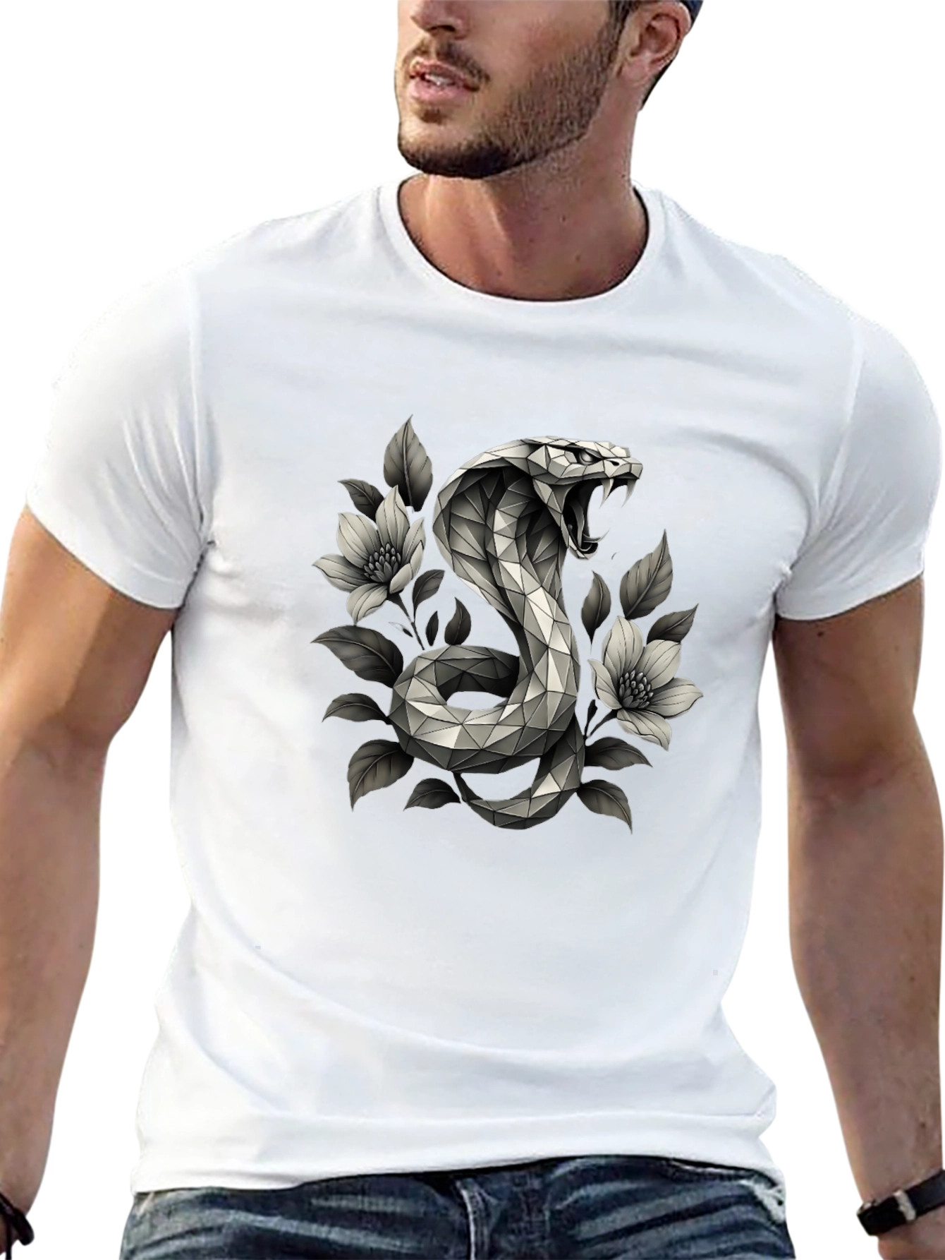 Geometric Cobra & Floral Graphic Tee - Black