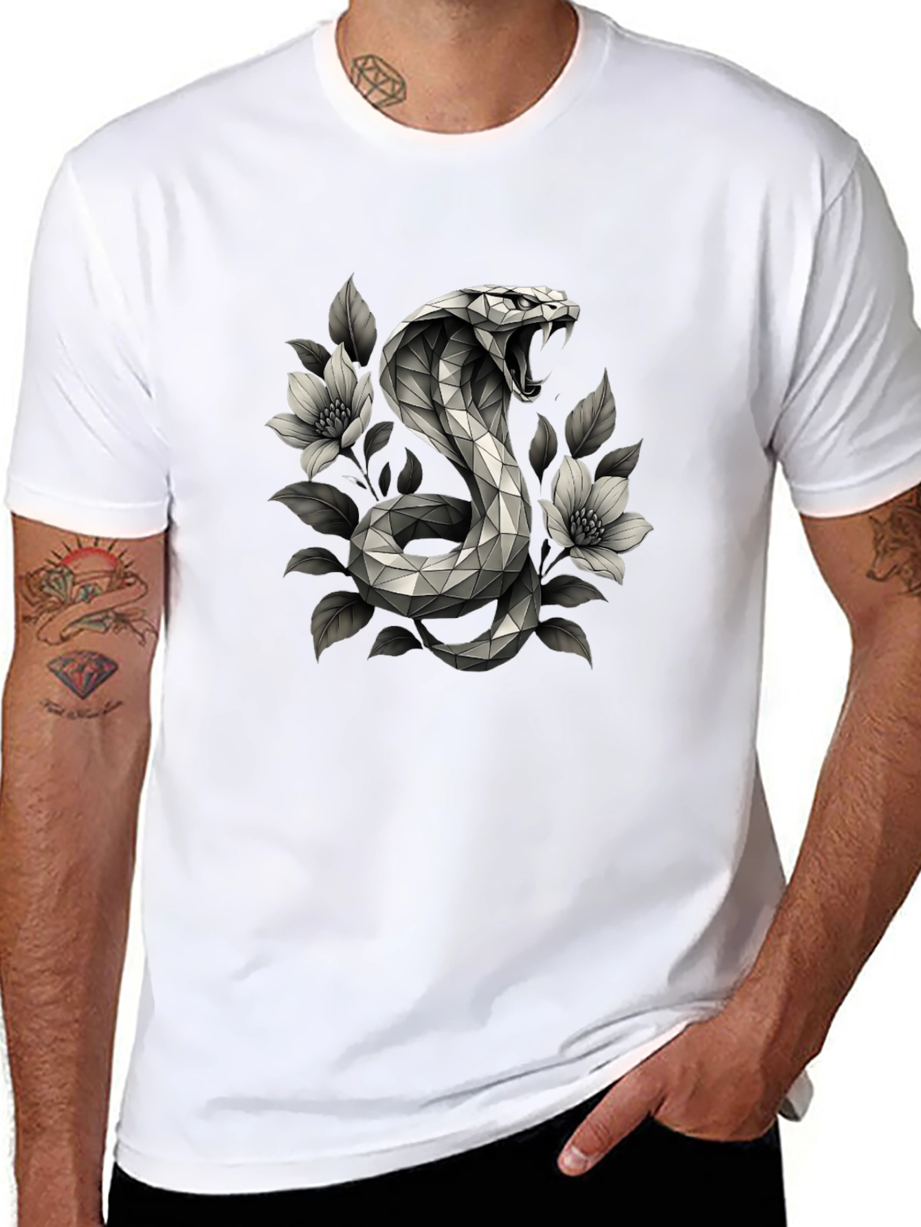 Geometric Cobra & Floral Graphic Tee - Black