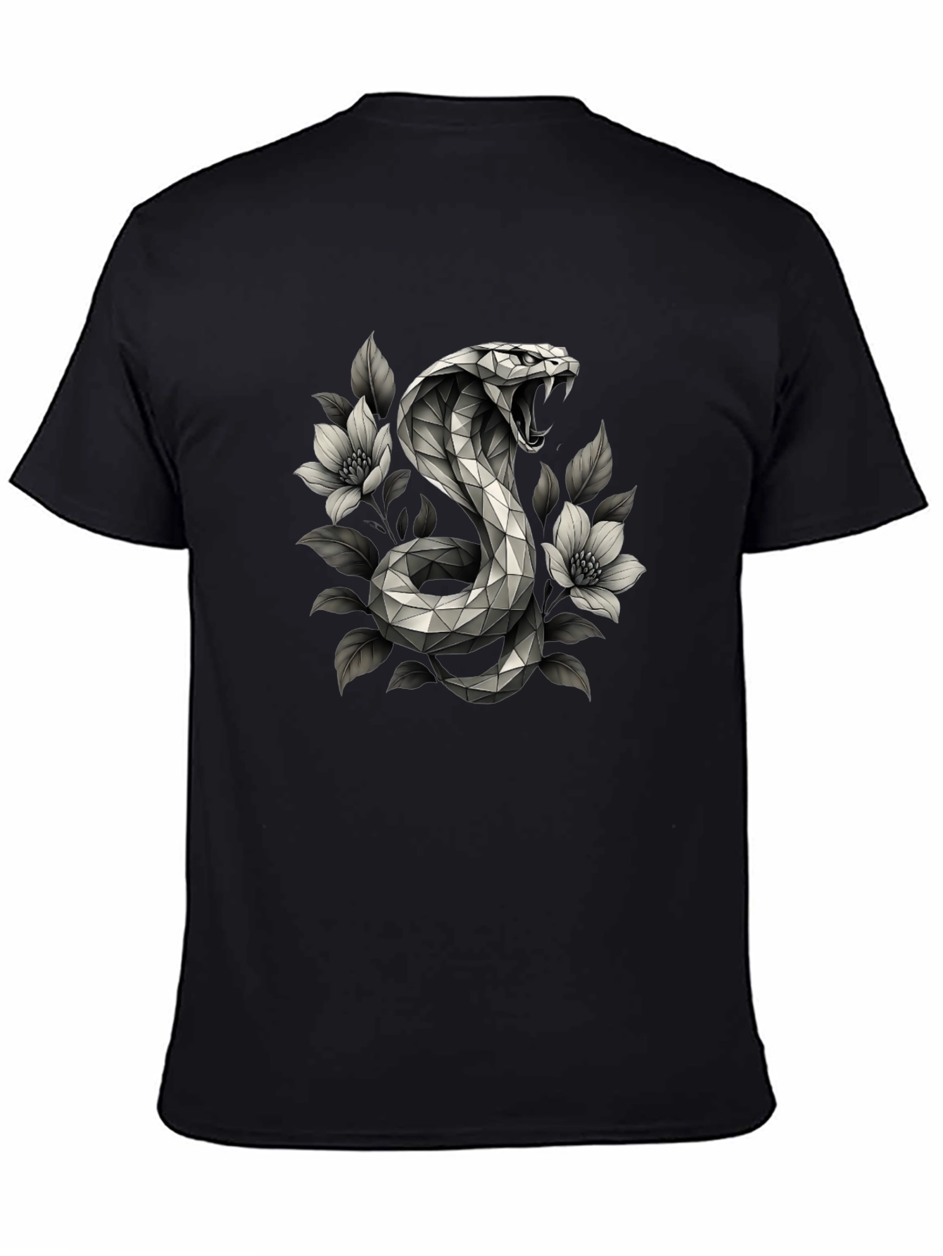 Geometric Cobra & Floral Graphic Tee - Black