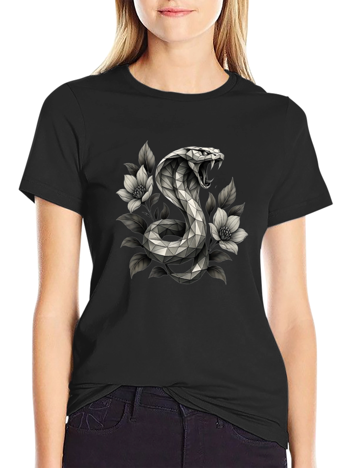Geometric Cobra & Floral Graphic Tee - Black