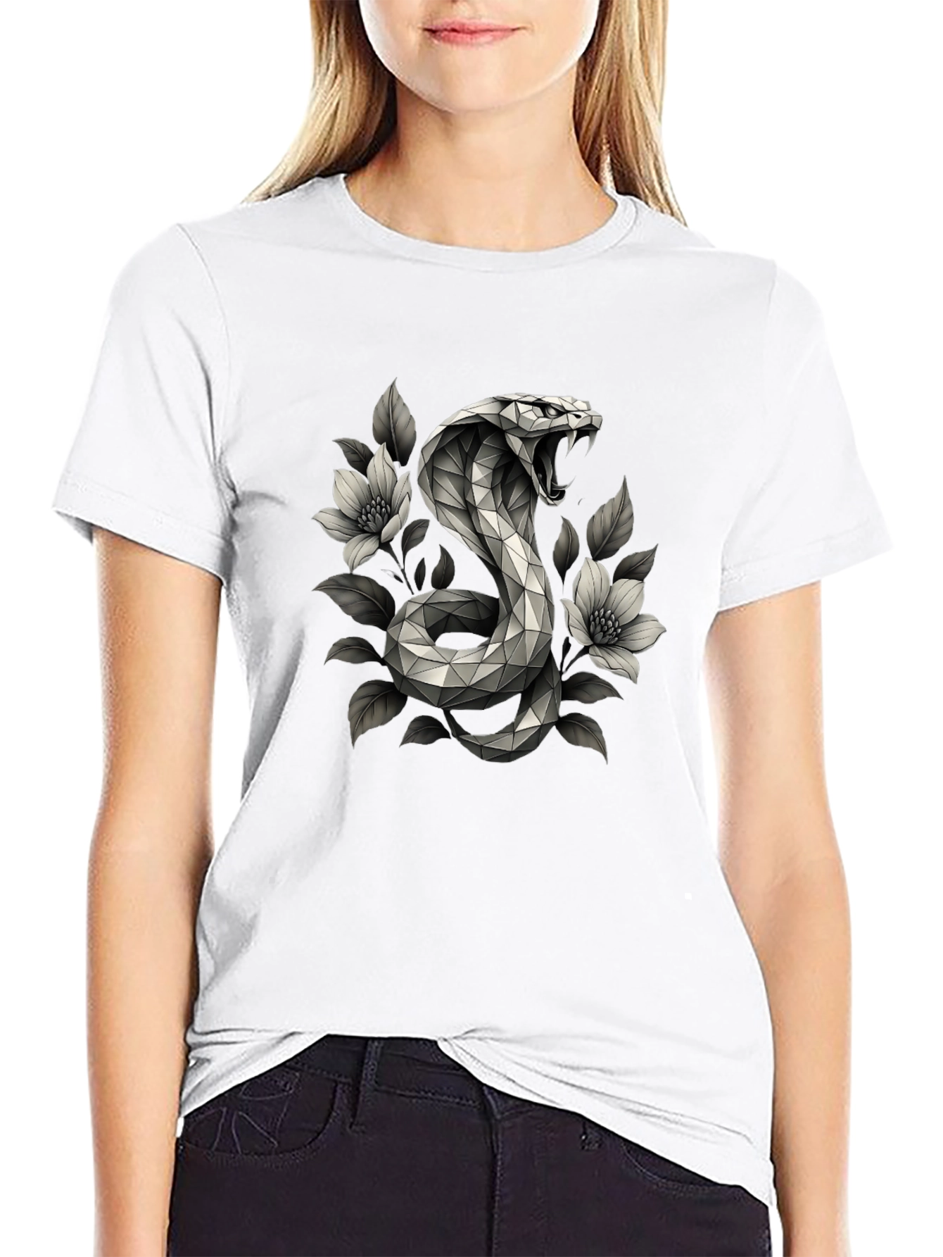 Geometric Cobra & Floral Graphic Tee - Black
