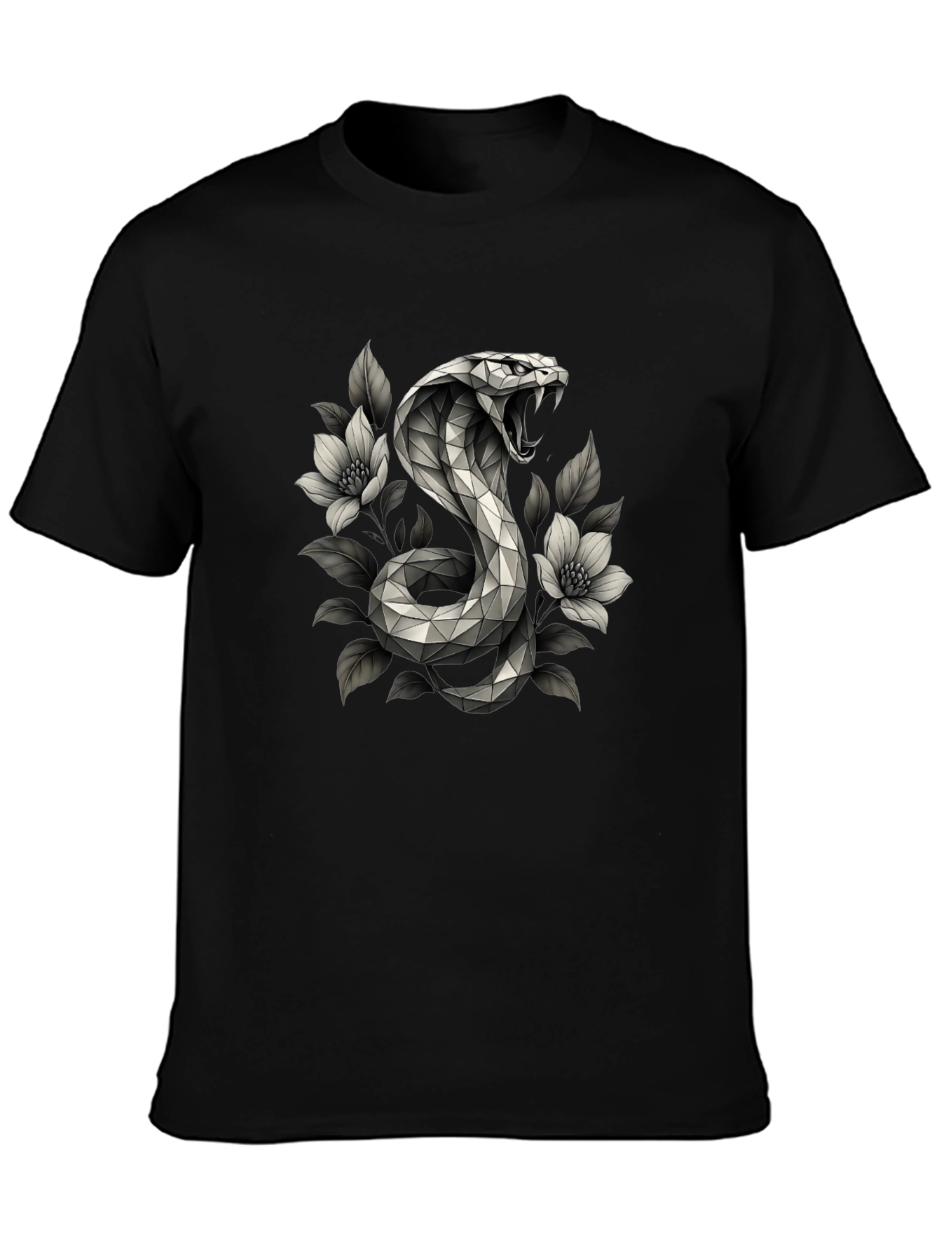 Geometric Cobra & Floral Graphic Tee - Black