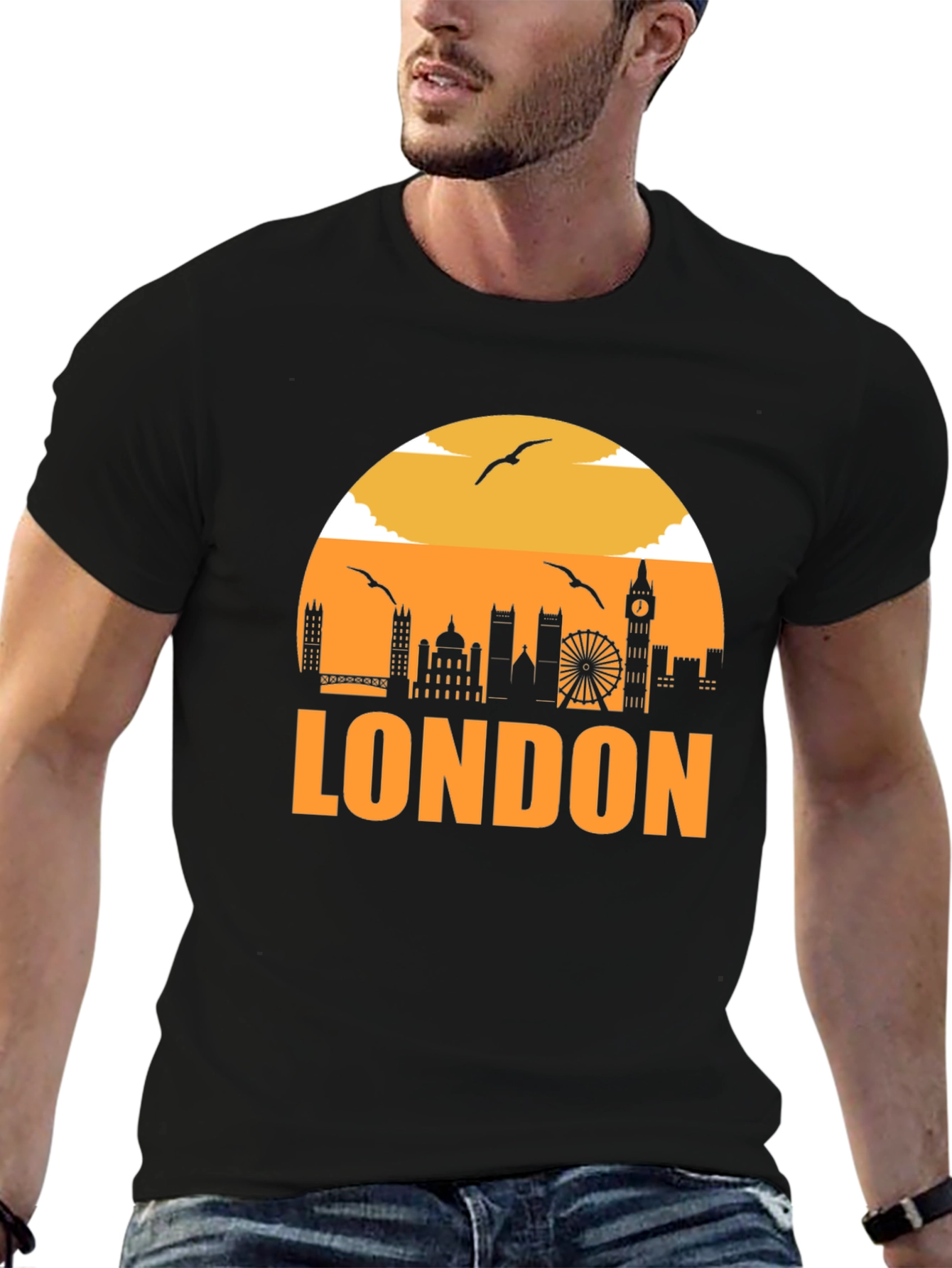 London Skyline Graphic Tee - Black Cotton T-Shirt