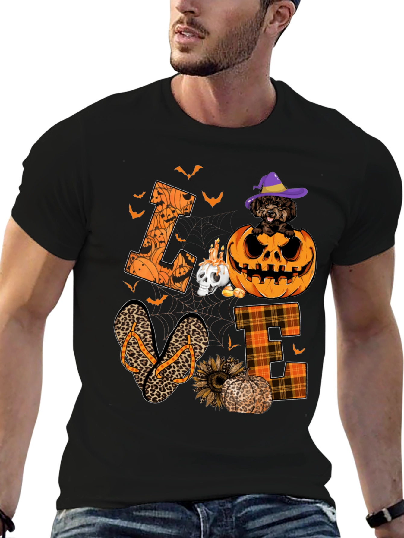 Halloween Love T-Shirt - Pumpkin Dog & Flip Flops