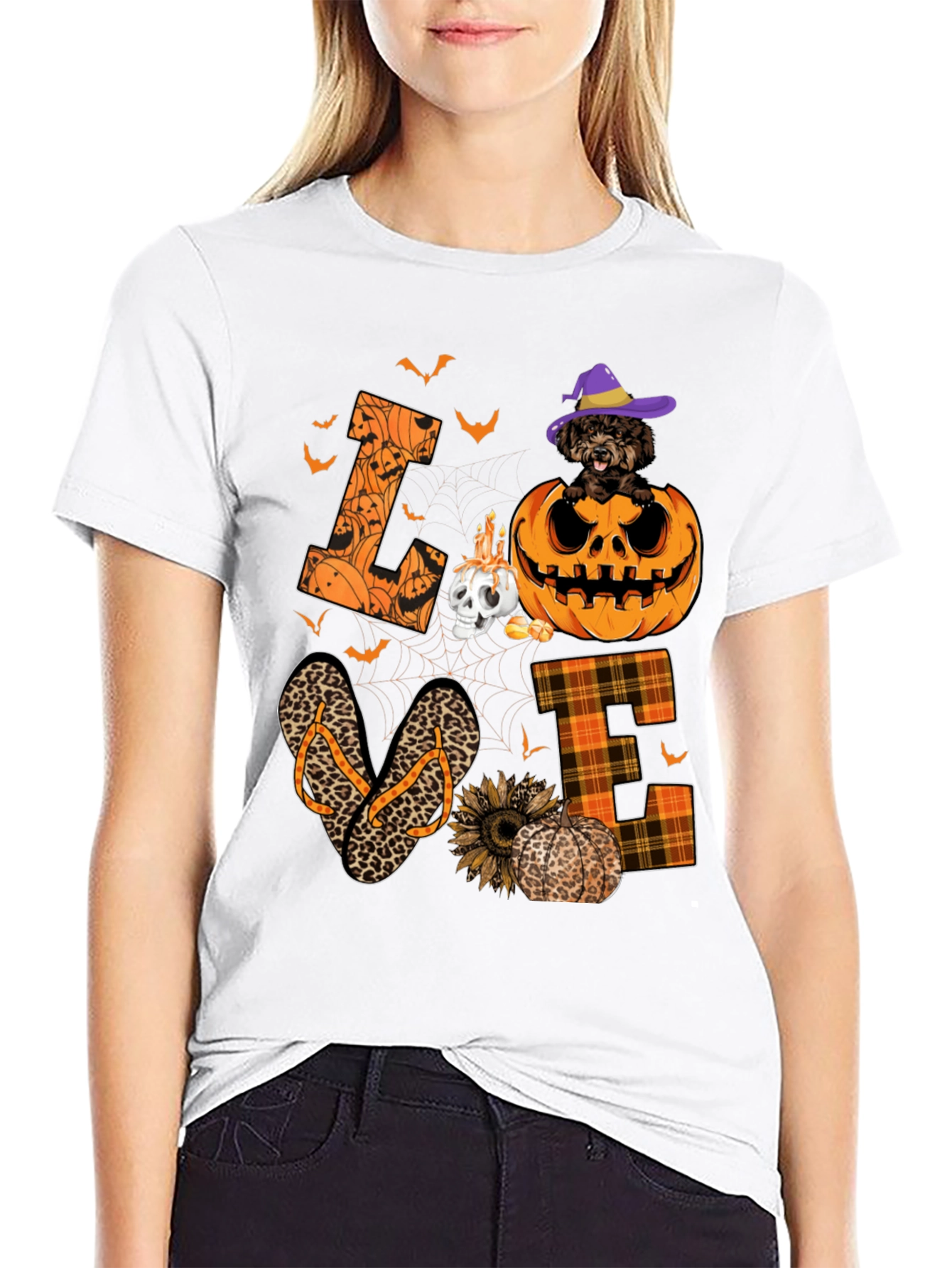 Halloween Love T-Shirt - Pumpkin Dog & Flip Flops