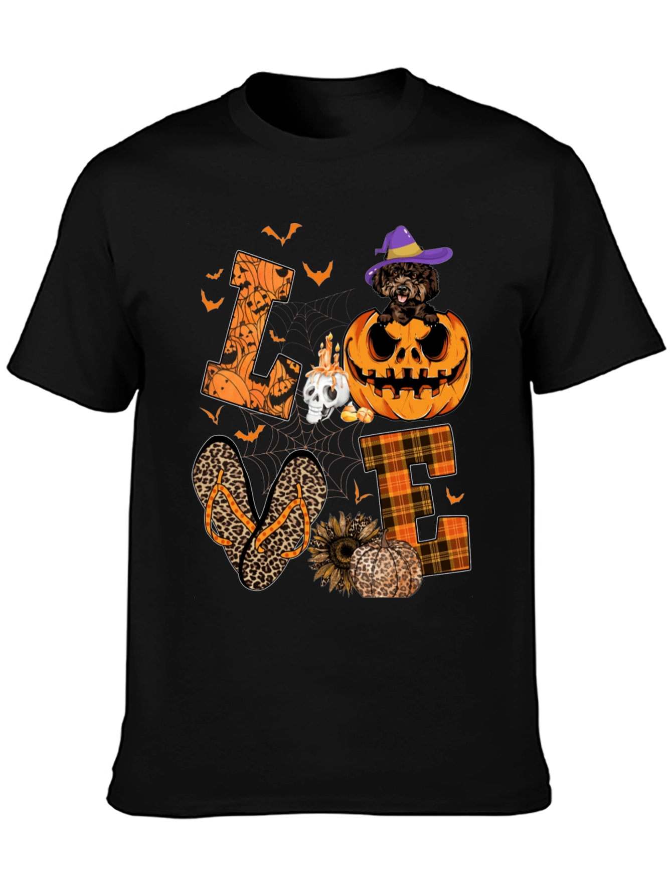 Halloween Love T-Shirt - Pumpkin Dog & Flip Flops