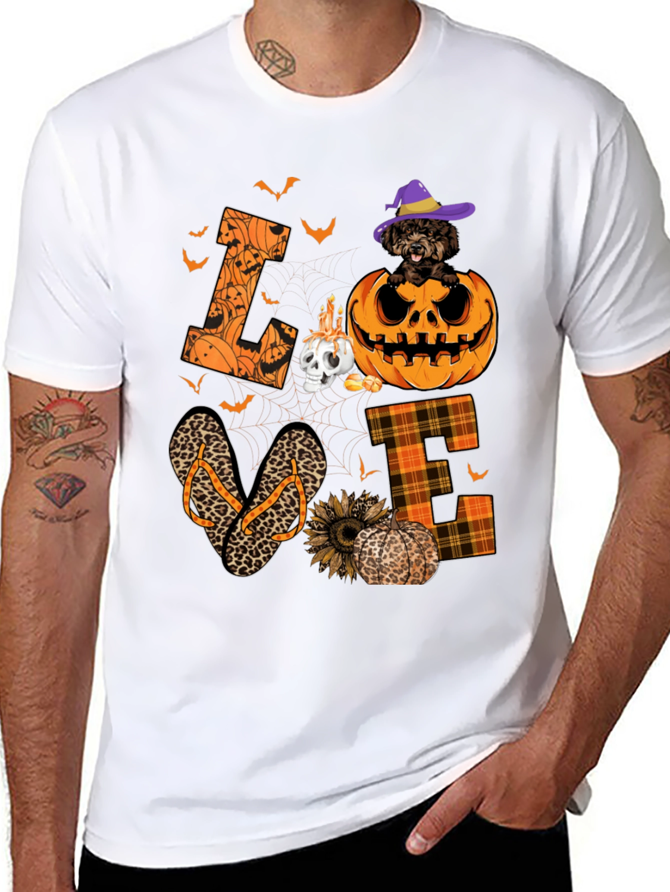 Halloween Love T-Shirt - Pumpkin Dog & Flip Flops