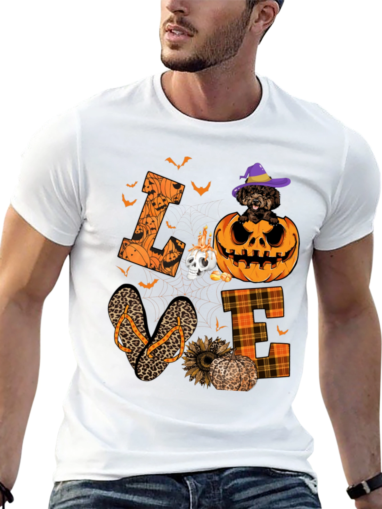 Halloween Love T-Shirt - Pumpkin Dog & Flip Flops