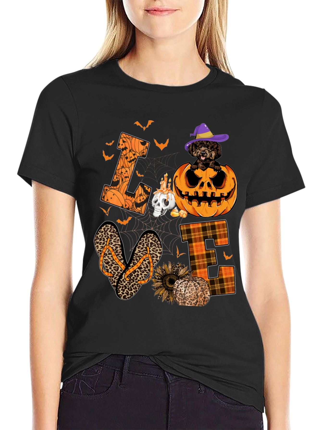 Halloween Love T-Shirt - Pumpkin Dog & Flip Flops