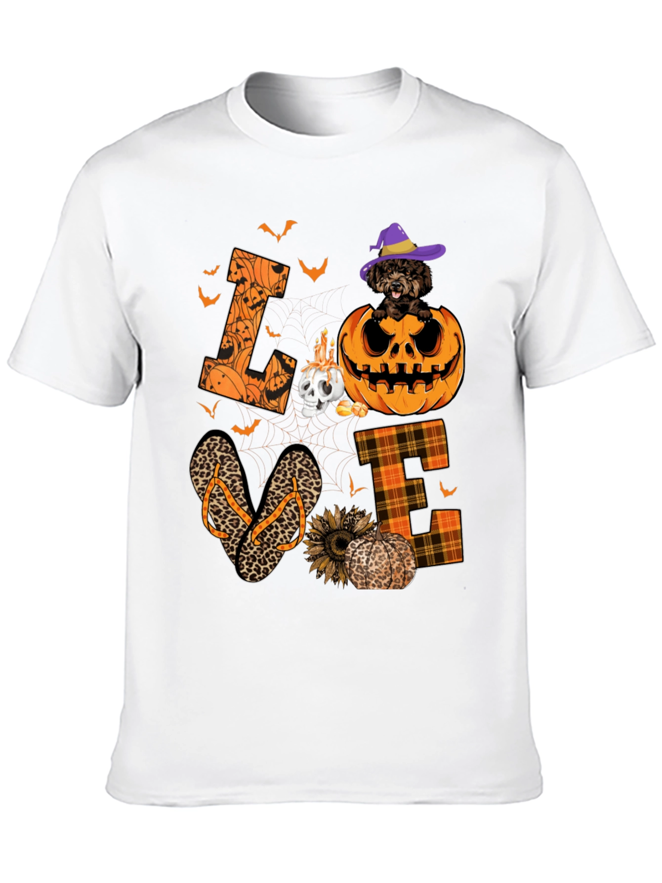Halloween Love T-Shirt - Pumpkin Dog & Flip Flops
