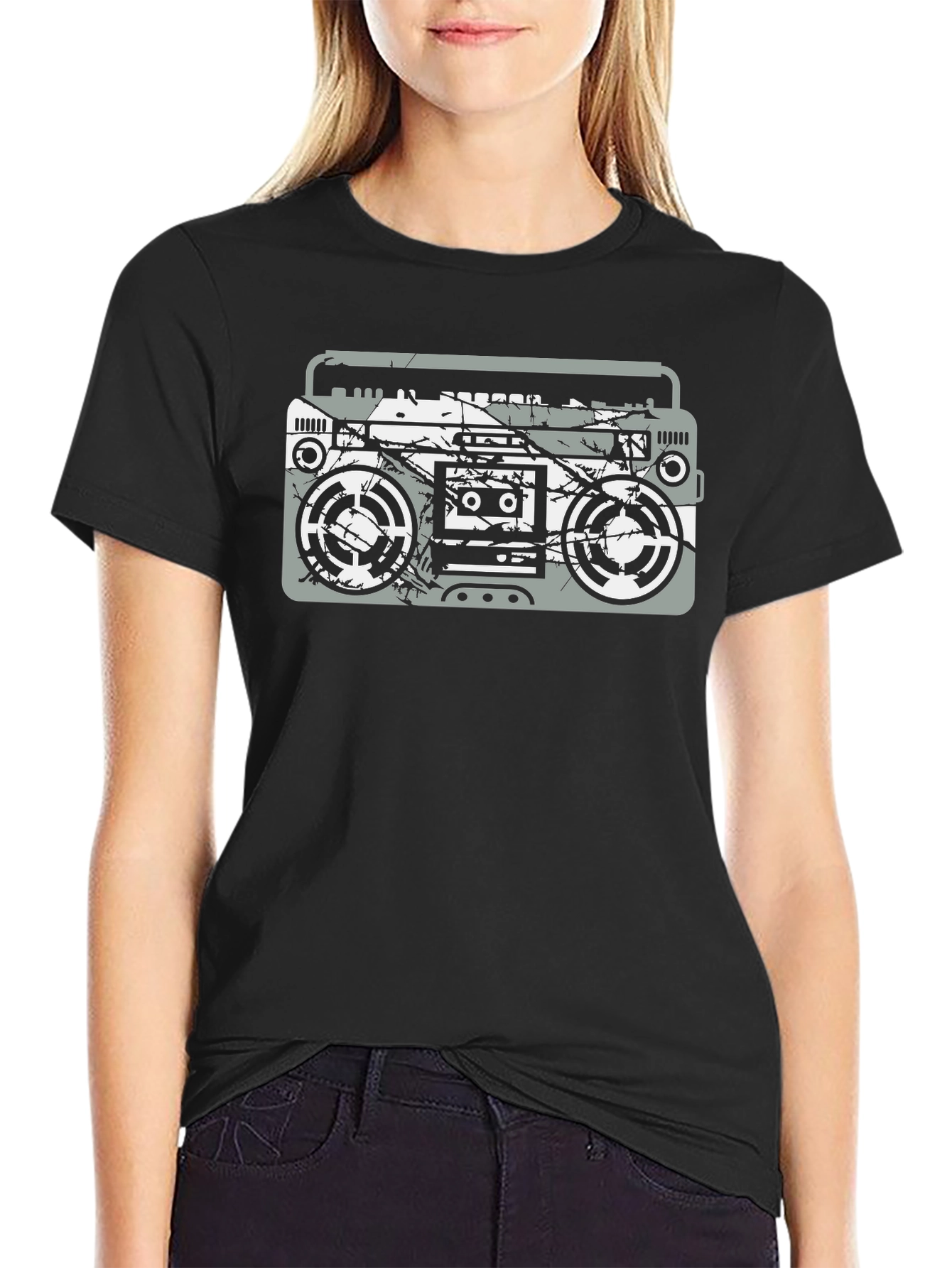 Retro Boombox Graphic Tee - Black Cotton T-Shirt